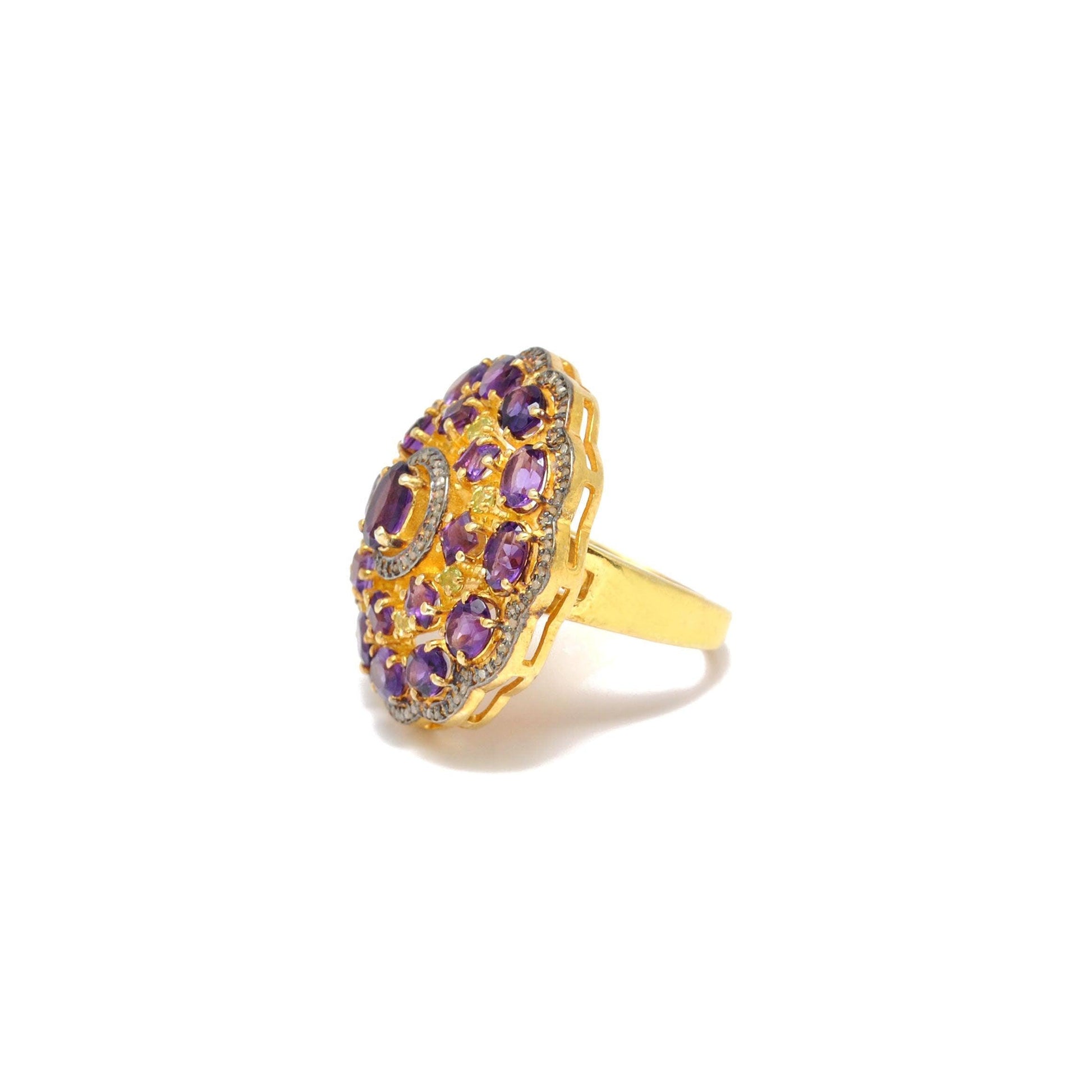 Sterling Silver Gold Plated Amethyst & Diamond Victorian Ring 8 US - Kanika Creations