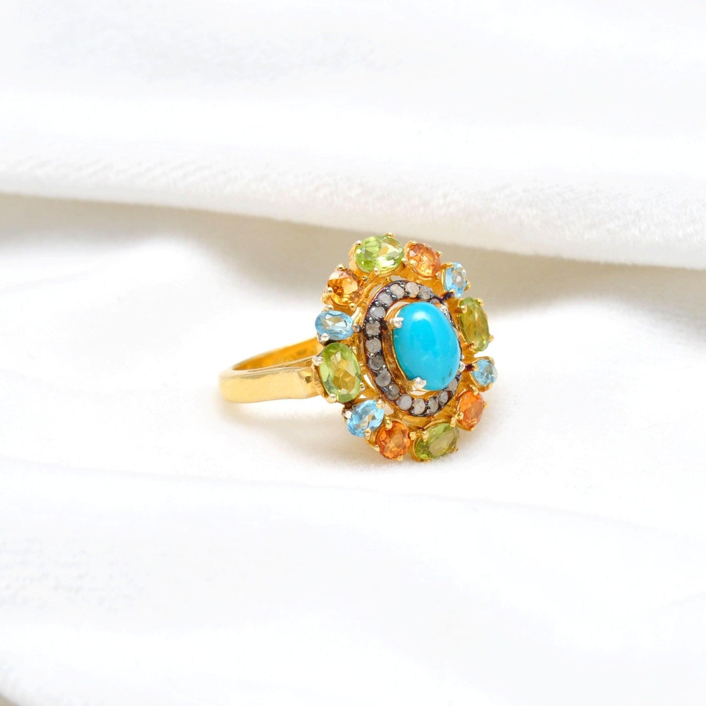 Multi Gemstone Diamond 18k Gold Plated Turquoise Victorian Rings - Kanika Creations