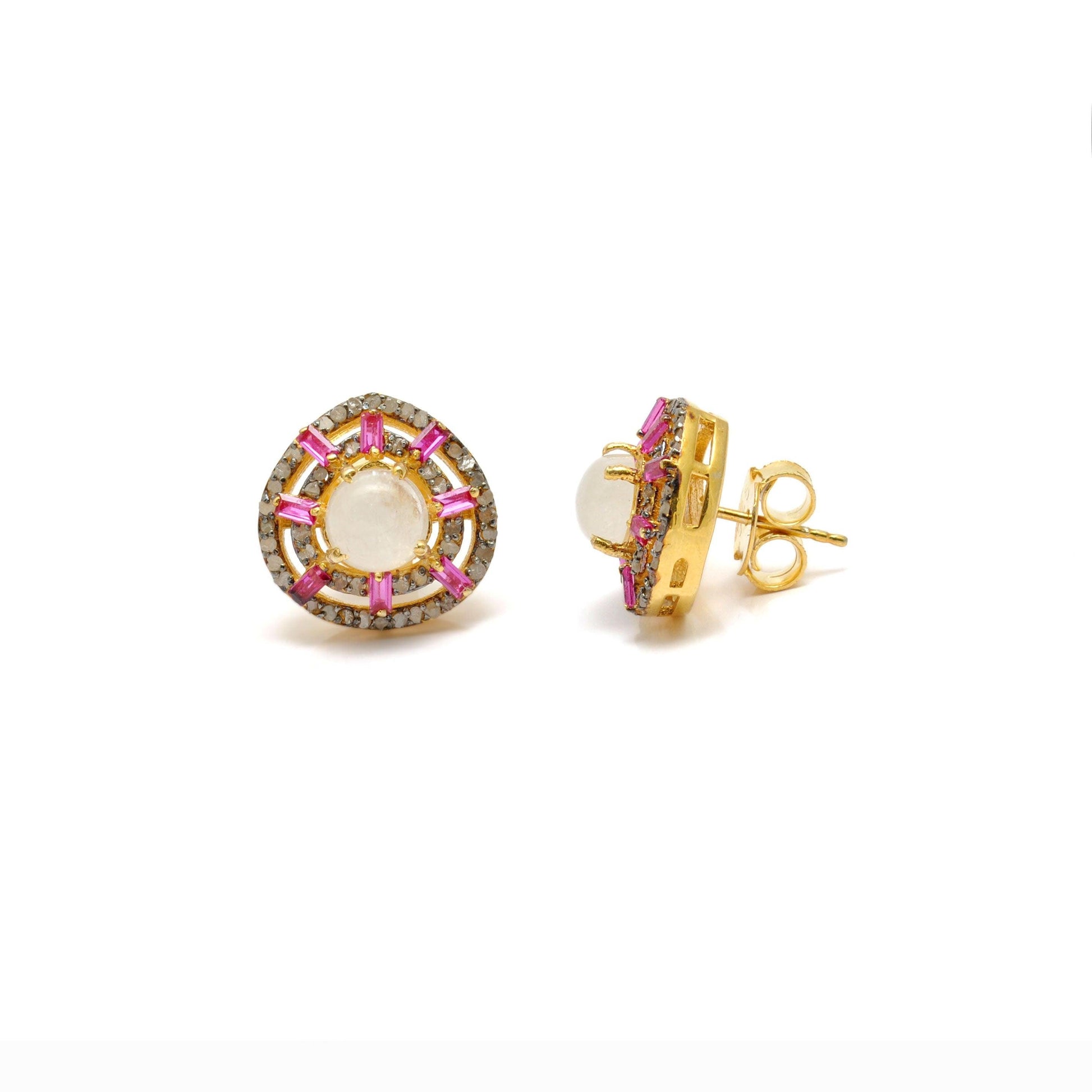 Victorian Moonstone Stud Diamond Ruby Jewelry - Kanika Creations