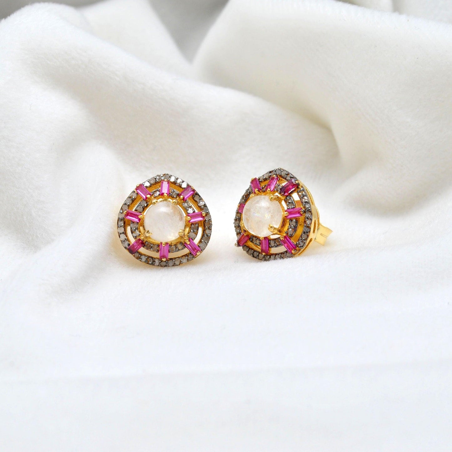 Victorian Moonstone Stud Diamond Ruby Jewelry - Kanika Creations