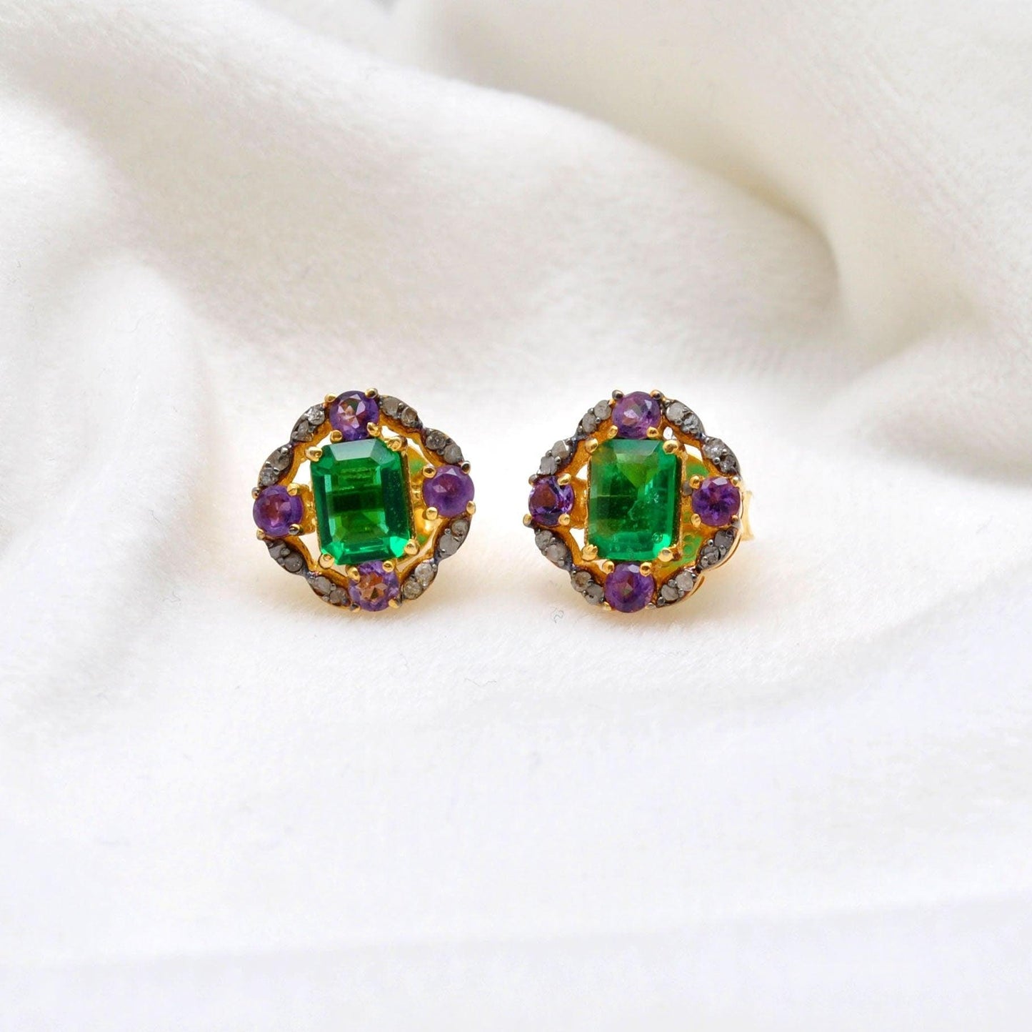 Baguette Emerald Diamond Silver Stud Amethyst Jewelry - Kanika Creations