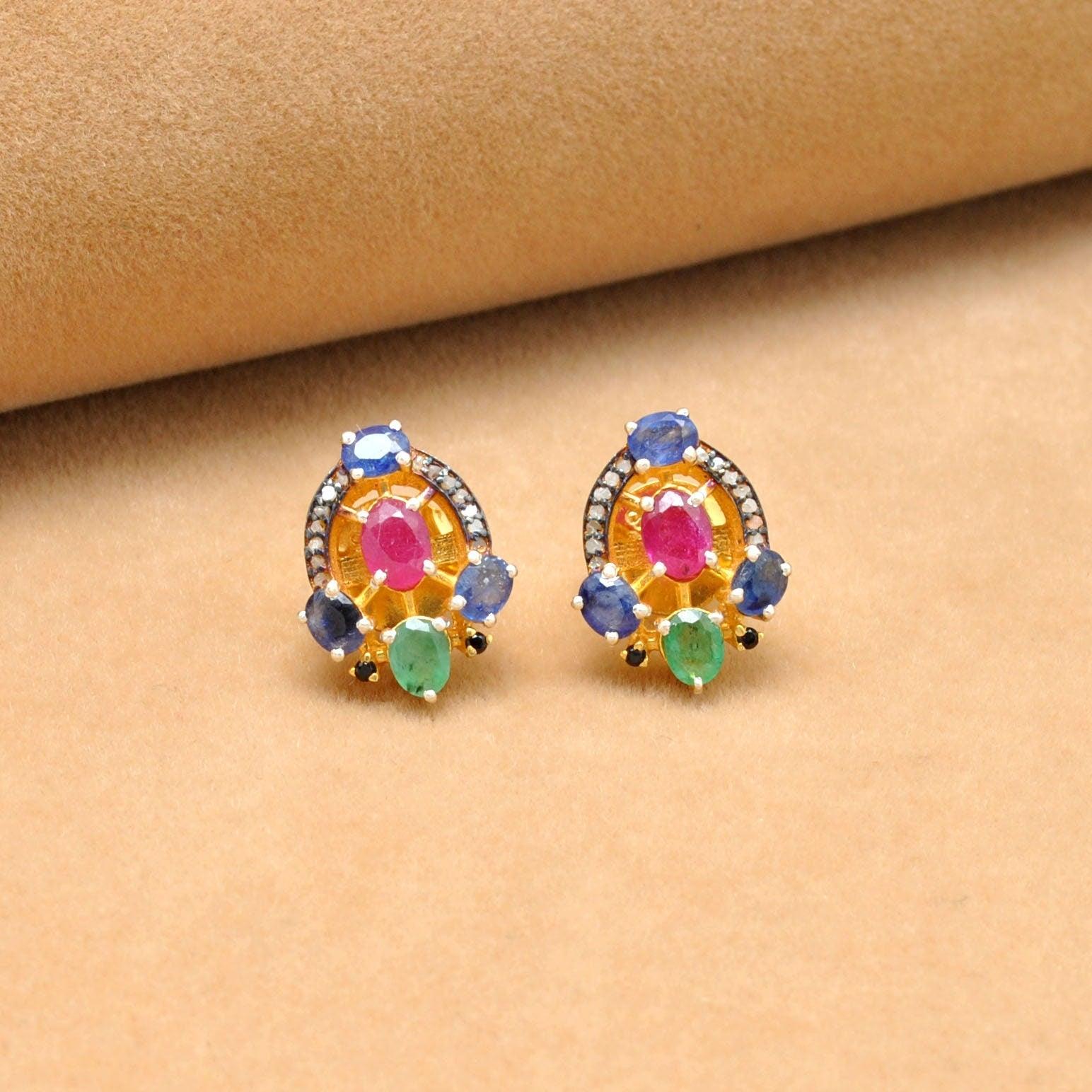 Multi Stone Ruby Emerald Sapphire Earring - Kanika Creations