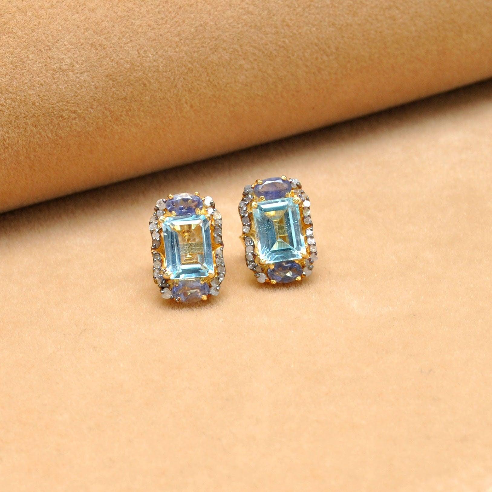 Blue Topaz Pave Diamond Earrings Stud Earring - Kanika Creations