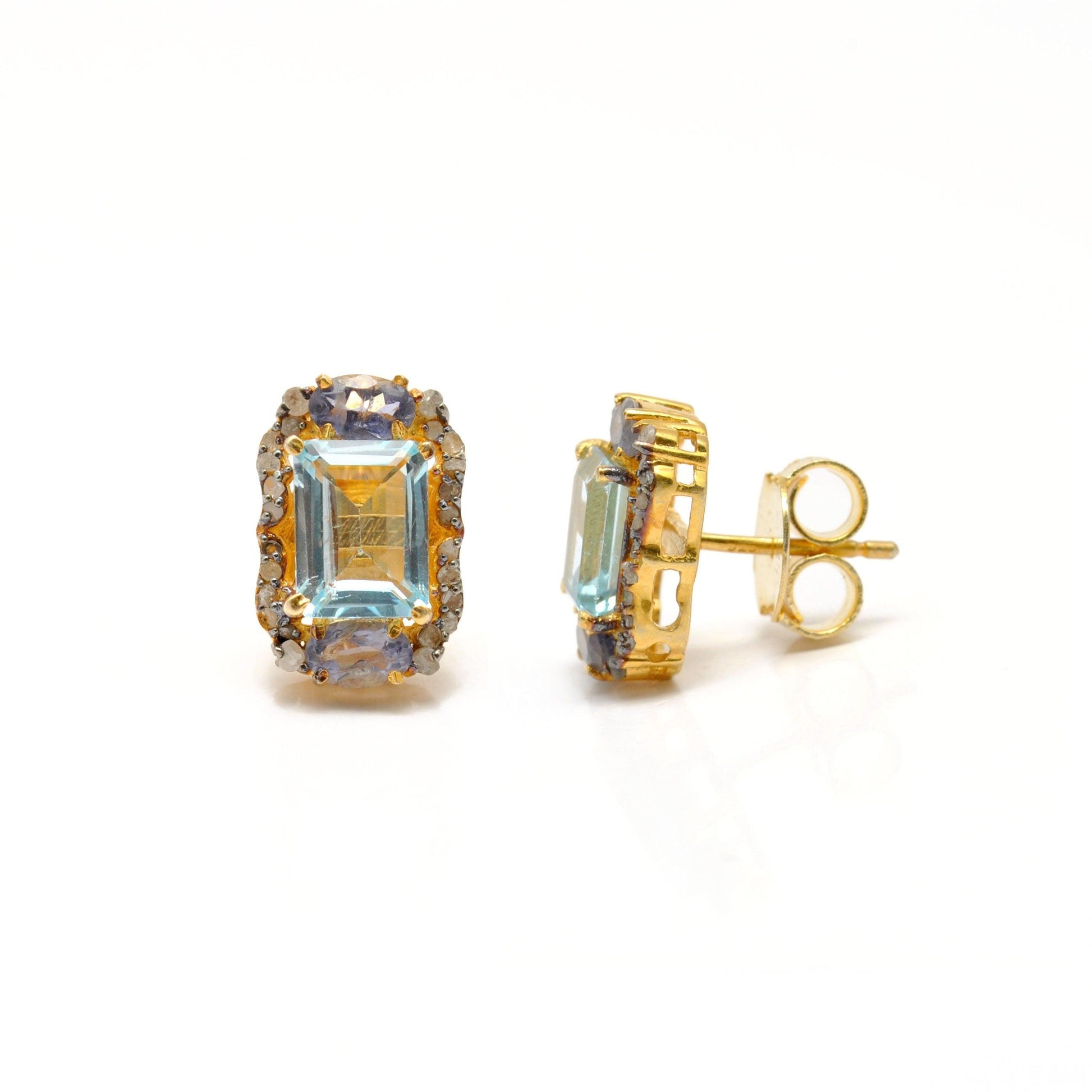Blue Topaz Pave Diamond Earrings Stud Earring - Kanika Creations
