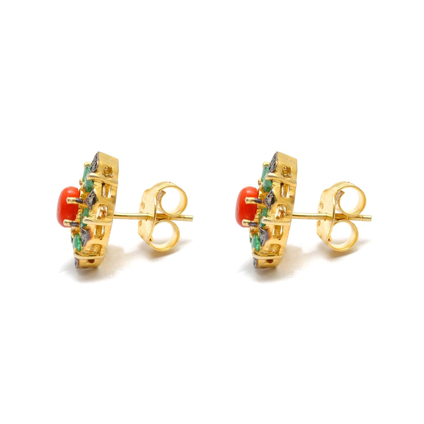 Coral Emerald & Pave Diamond Stud Earrings - Kanika Creations