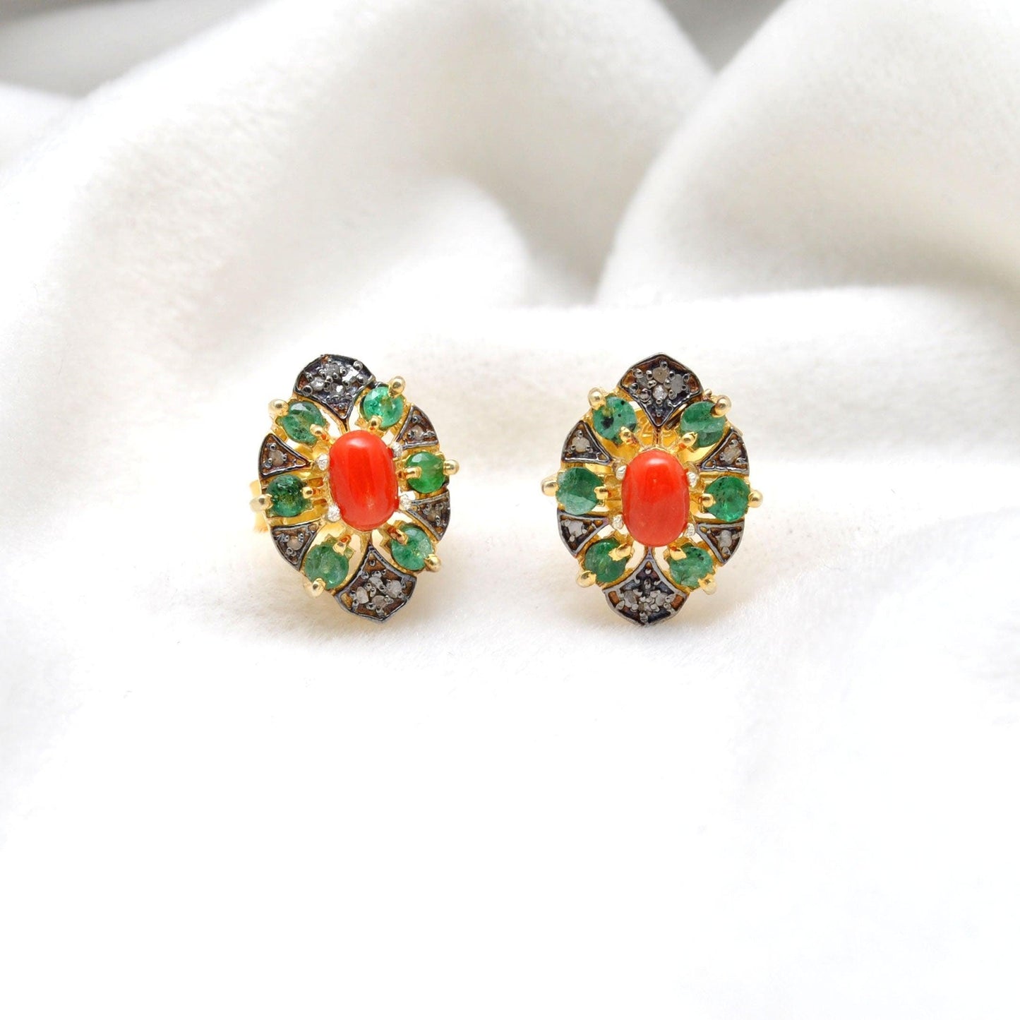 Coral Emerald & Pave Diamond Stud Earrings - Kanika Creations