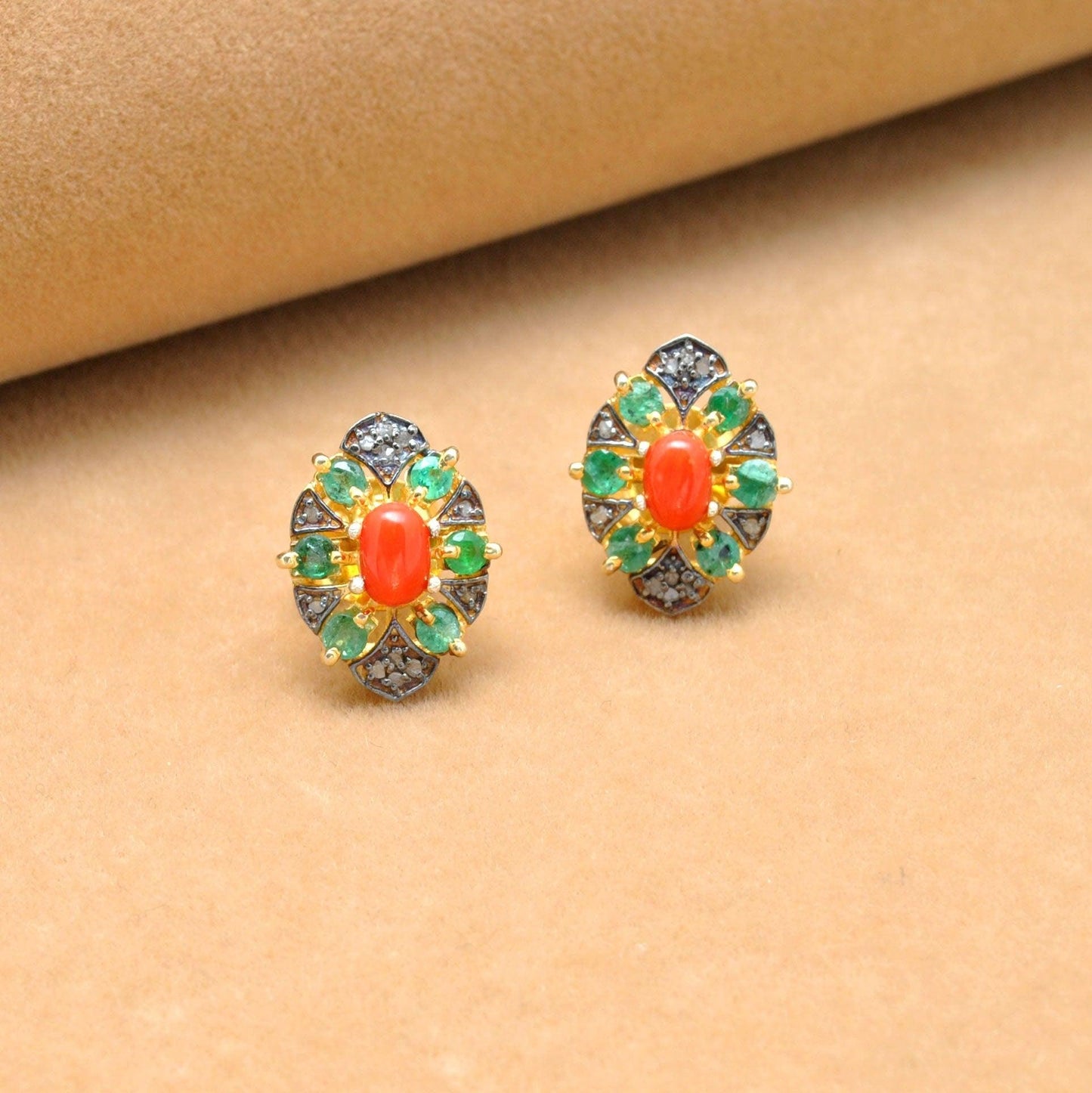 Coral Emerald & Pave Diamond Stud Earrings - Kanika Creations