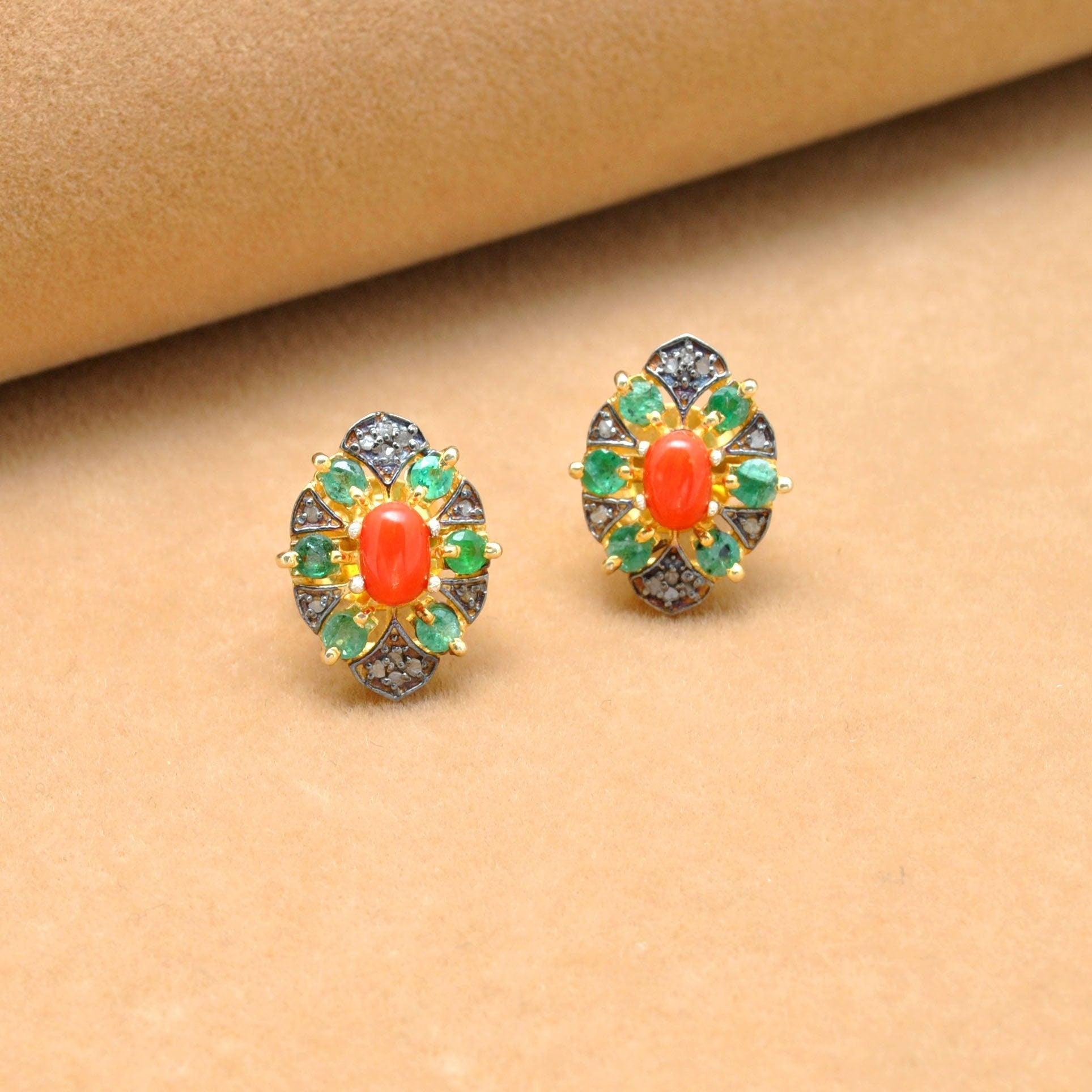 Coral Emerald & Pave Diamond Stud Earrings - Kanika Creations