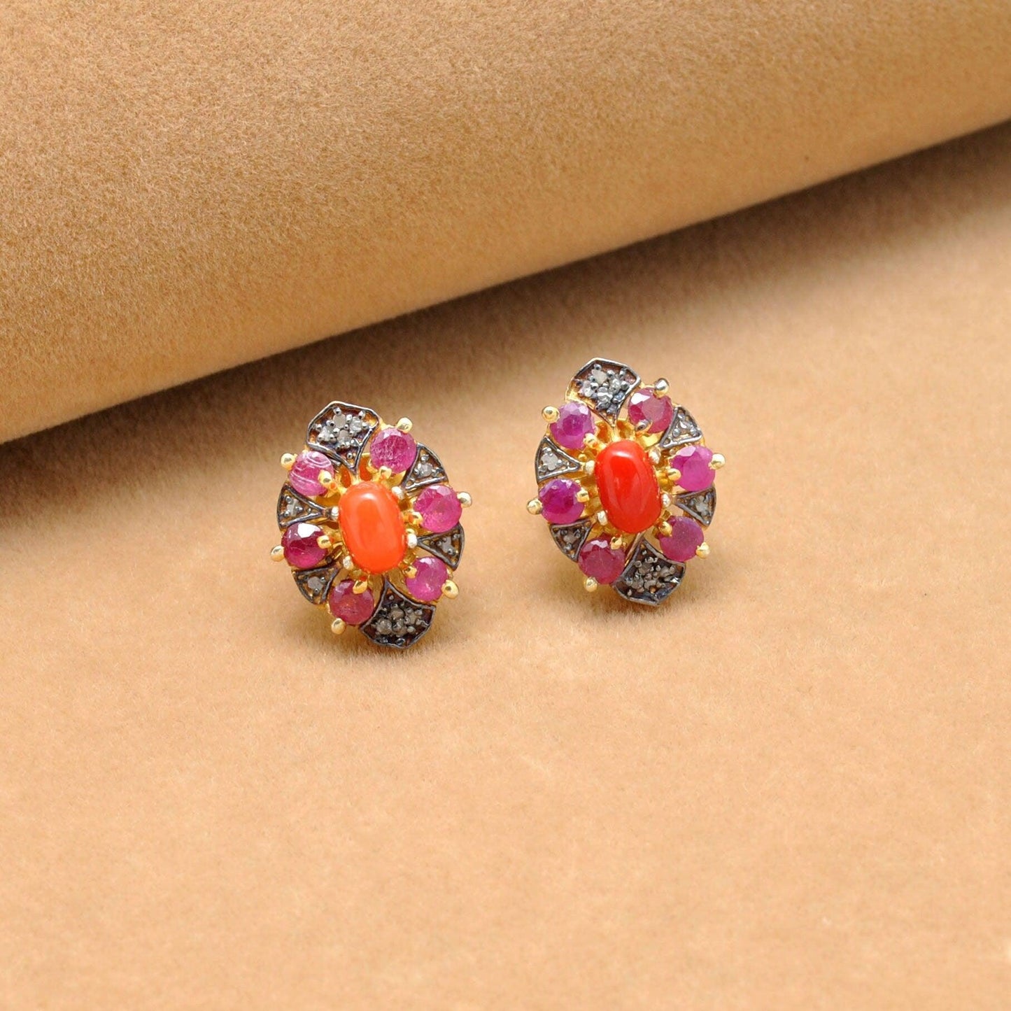 Victorian Coral with Ruby Pave Diamond Stud Earring - Kanika Creations