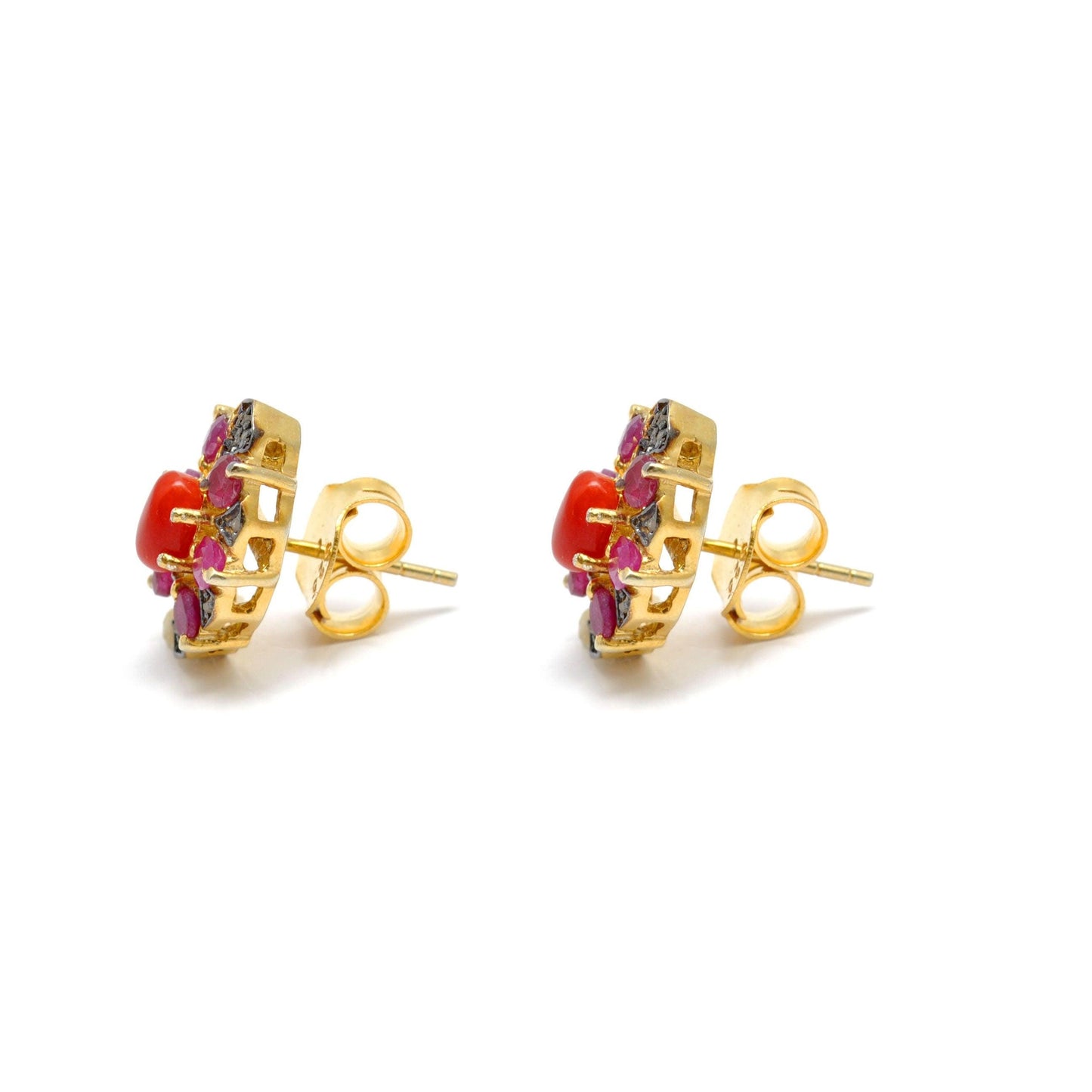 Victorian Coral with Ruby Pave Diamond Stud Earring - Kanika Creations