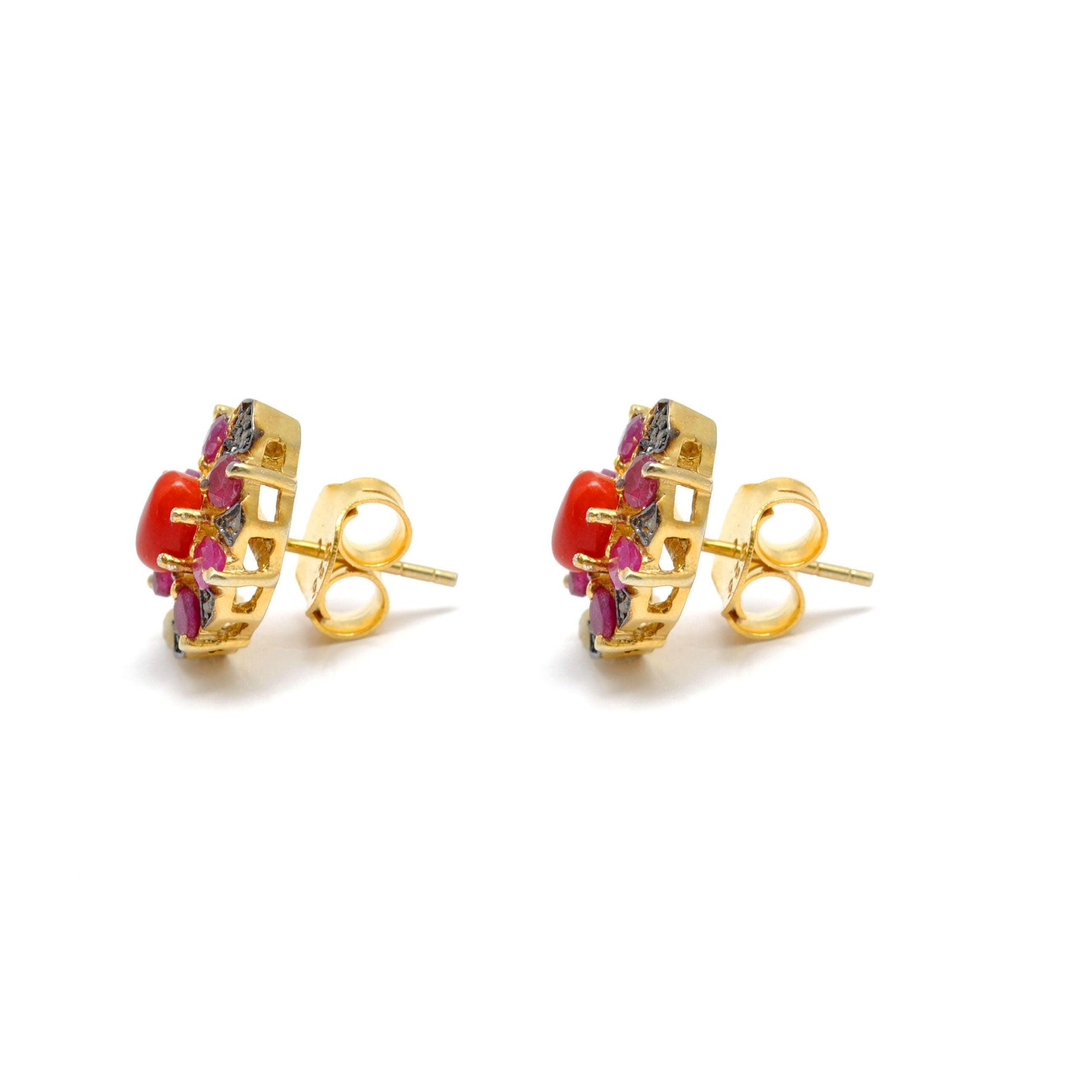 Victorian Coral with Ruby Pave Diamond Stud Earring - Kanika Creations