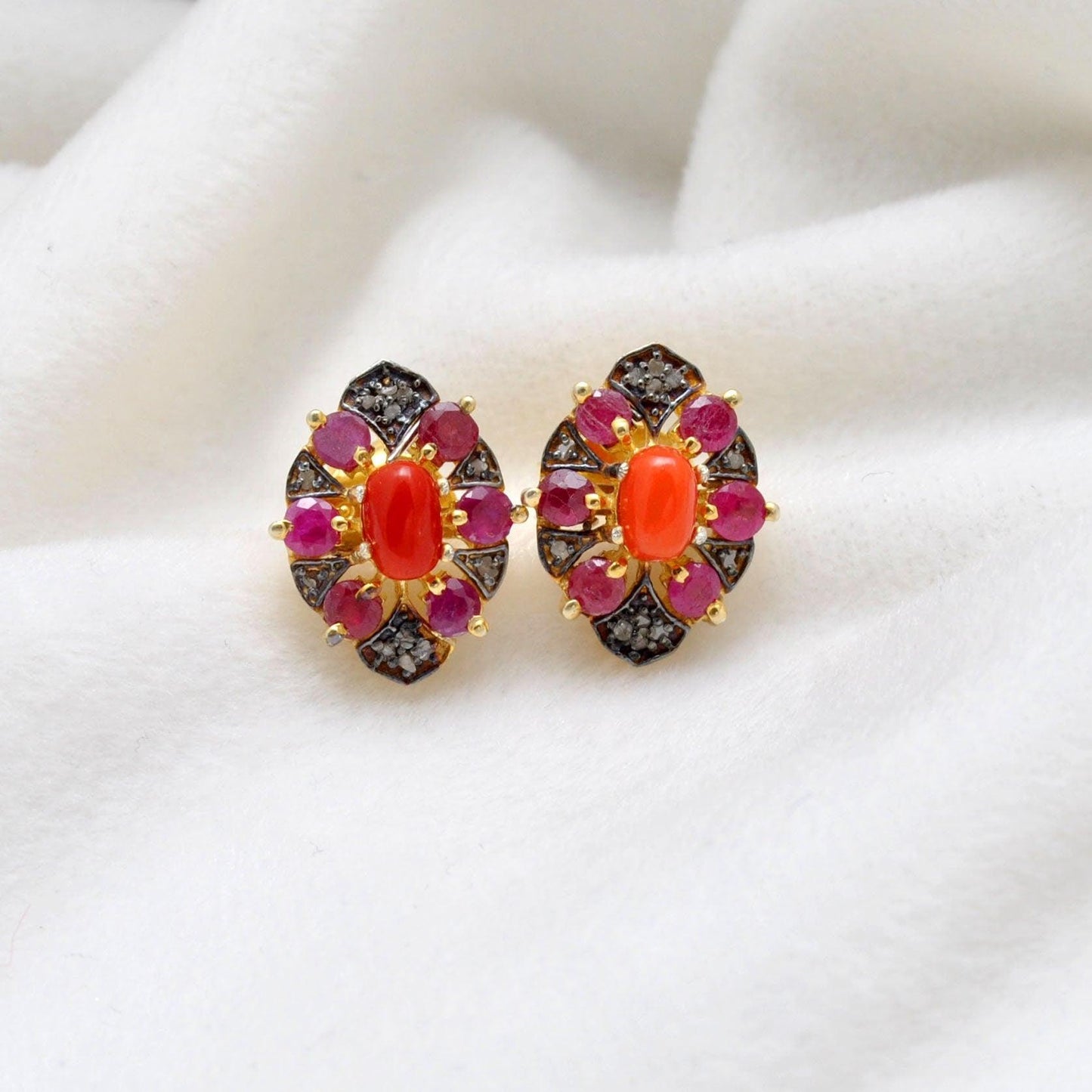 Victorian Coral with Ruby Pave Diamond Stud Earring - Kanika Creations