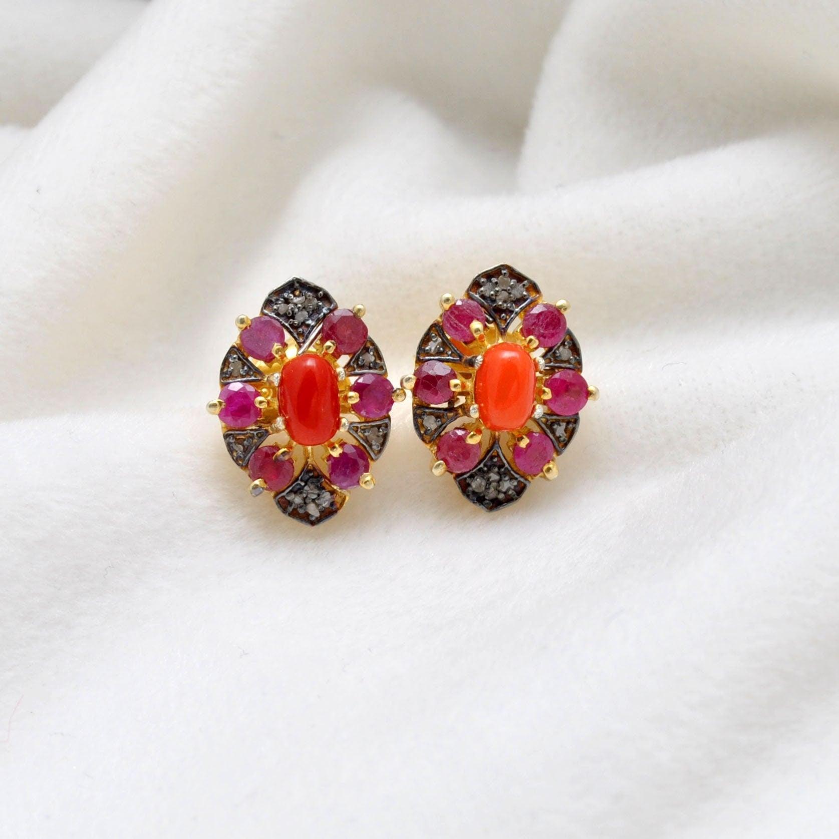 Victorian Coral with Ruby Pave Diamond Stud Earring - Kanika Creations