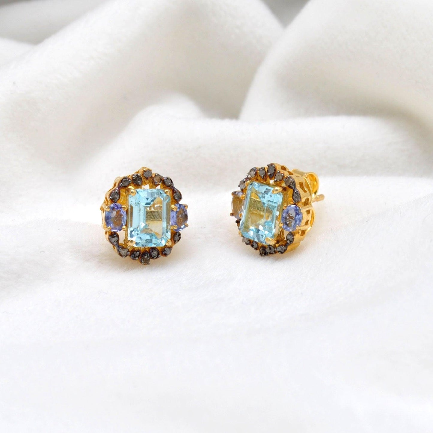Diamond Blue Topaz Tanzanite Gemstone Earring Stud - Kanika Creations