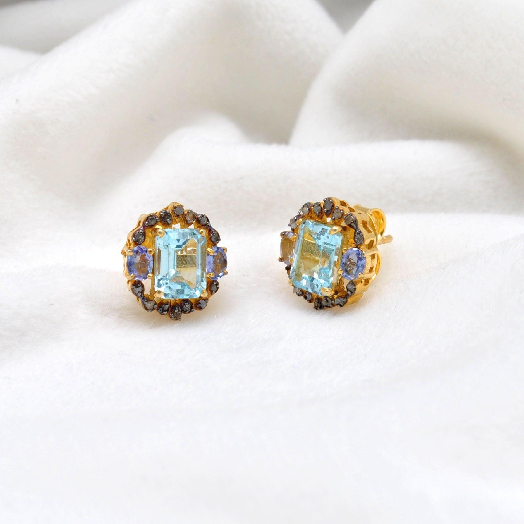 Diamond Blue Topaz Tanzanite Gemstone Stud Earring - Kanika Creations
