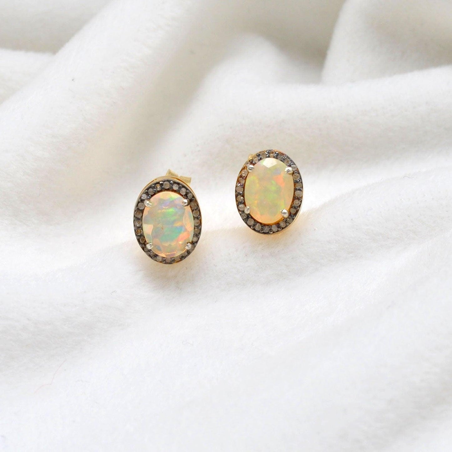 Ethiopian Opal Diamond Stud Earring Gift For Her - Kanika Creations