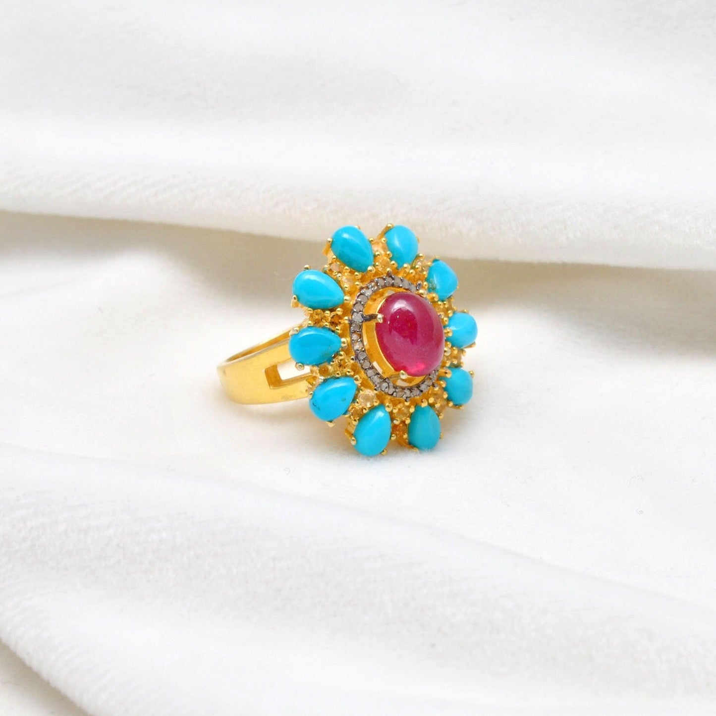 Victorian Ruby with Turquoise Silver Diamond Ring Size 7 - Kanika Creations