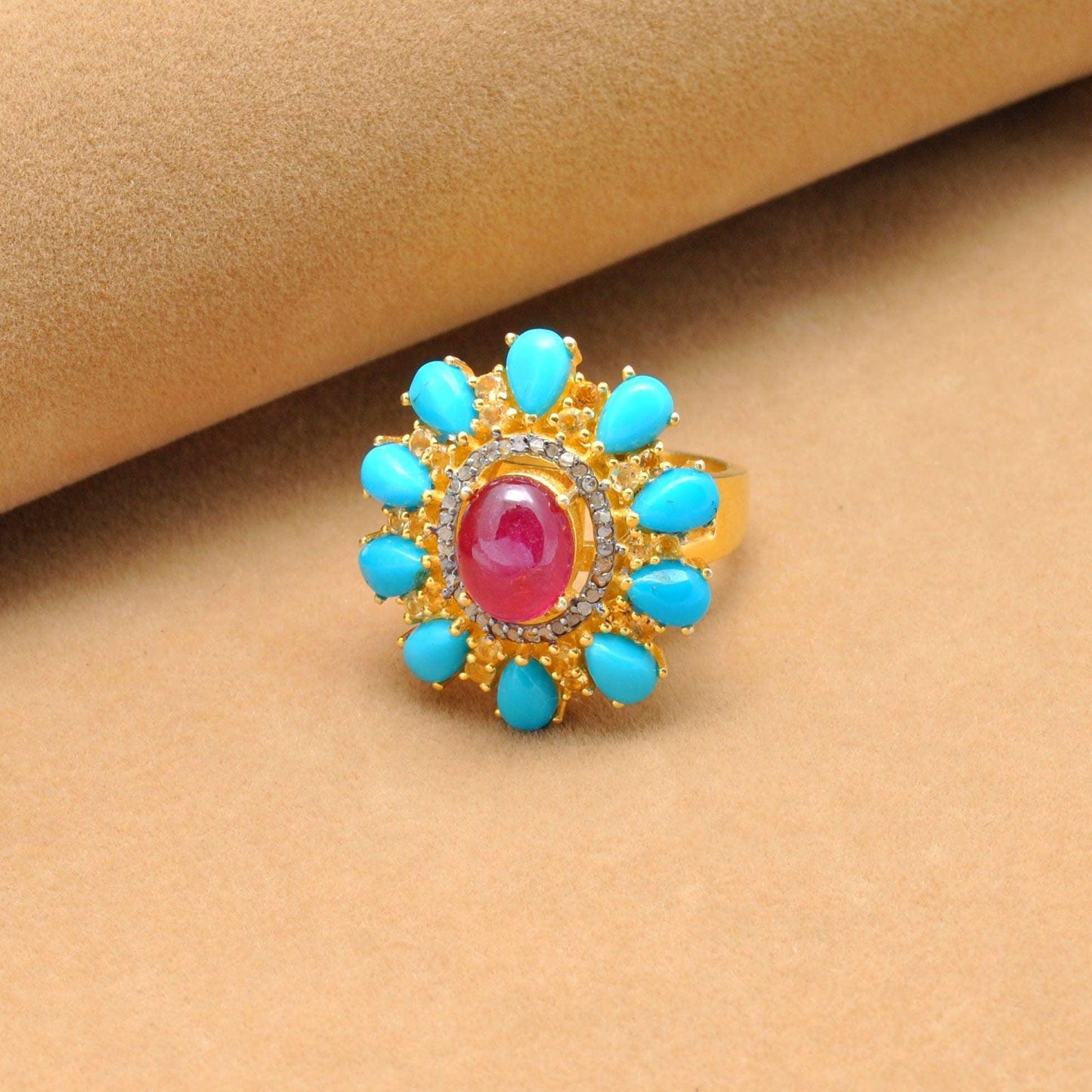 Victorian Ruby with Turquoise Silver Diamond Ring Size 7 - Kanika Creations