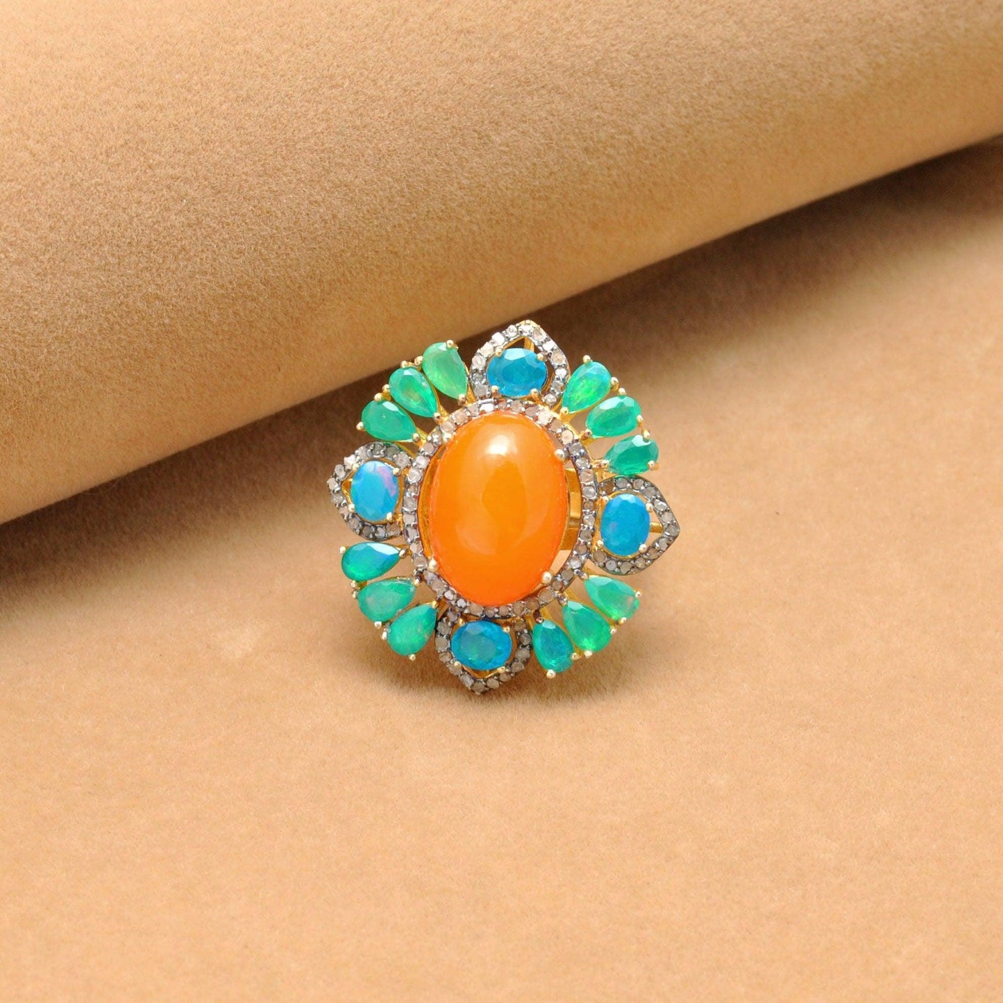 Victorian Diamond Fire Opal 18k Gold Finish Silver Ring Size 7 - Kanika Creations