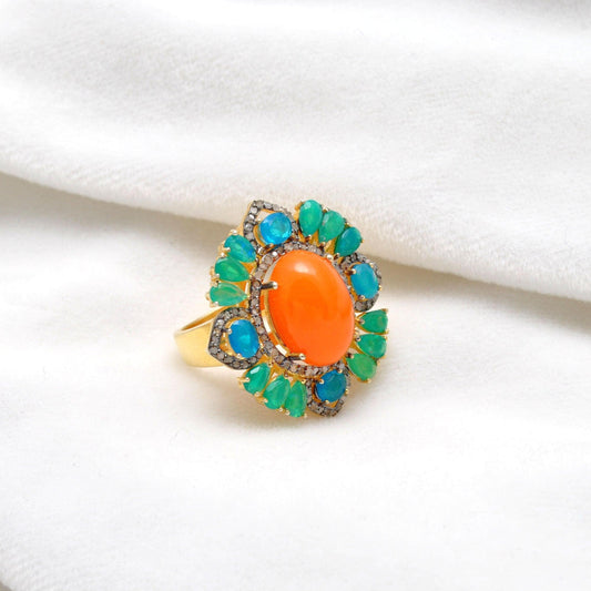 Victorian Diamond Fire Opal 18k Gold Finish Silver Ring Size 7 - Kanika Creations