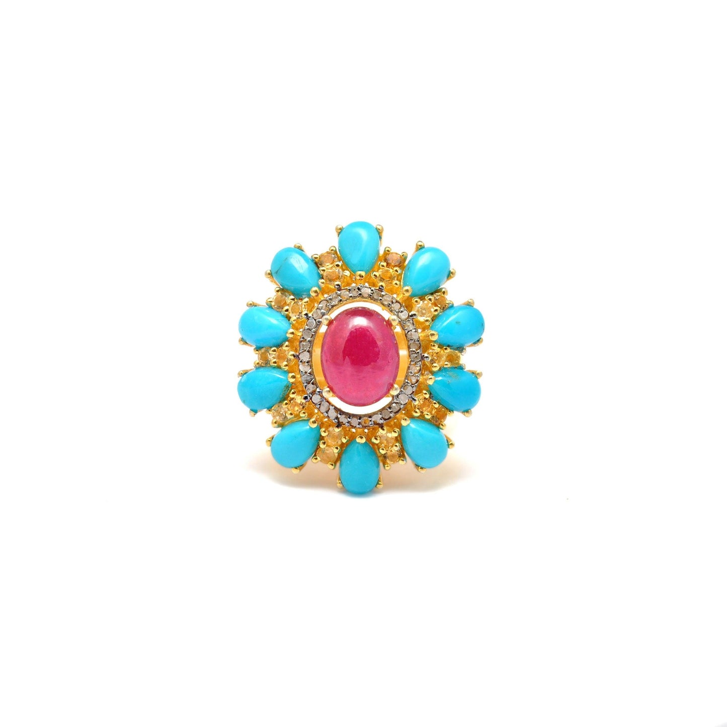 Victorian Ruby with Turquoise Silver Diamond Ring Size 7 - Kanika Creations