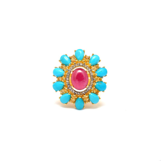 Victorian Ruby with Turquoise Silver Diamond Ring Size 7 - Kanika Creations