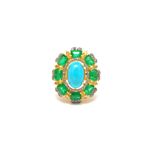 Victorian Turquoise Emerald Engagement Ring - Kanika Creations