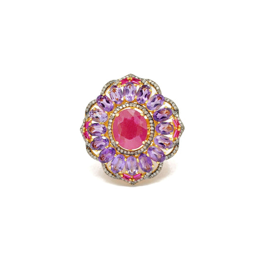 925 Sterling Silver Pave Diamond & Ruby Victorian Ring - Kanika Creations