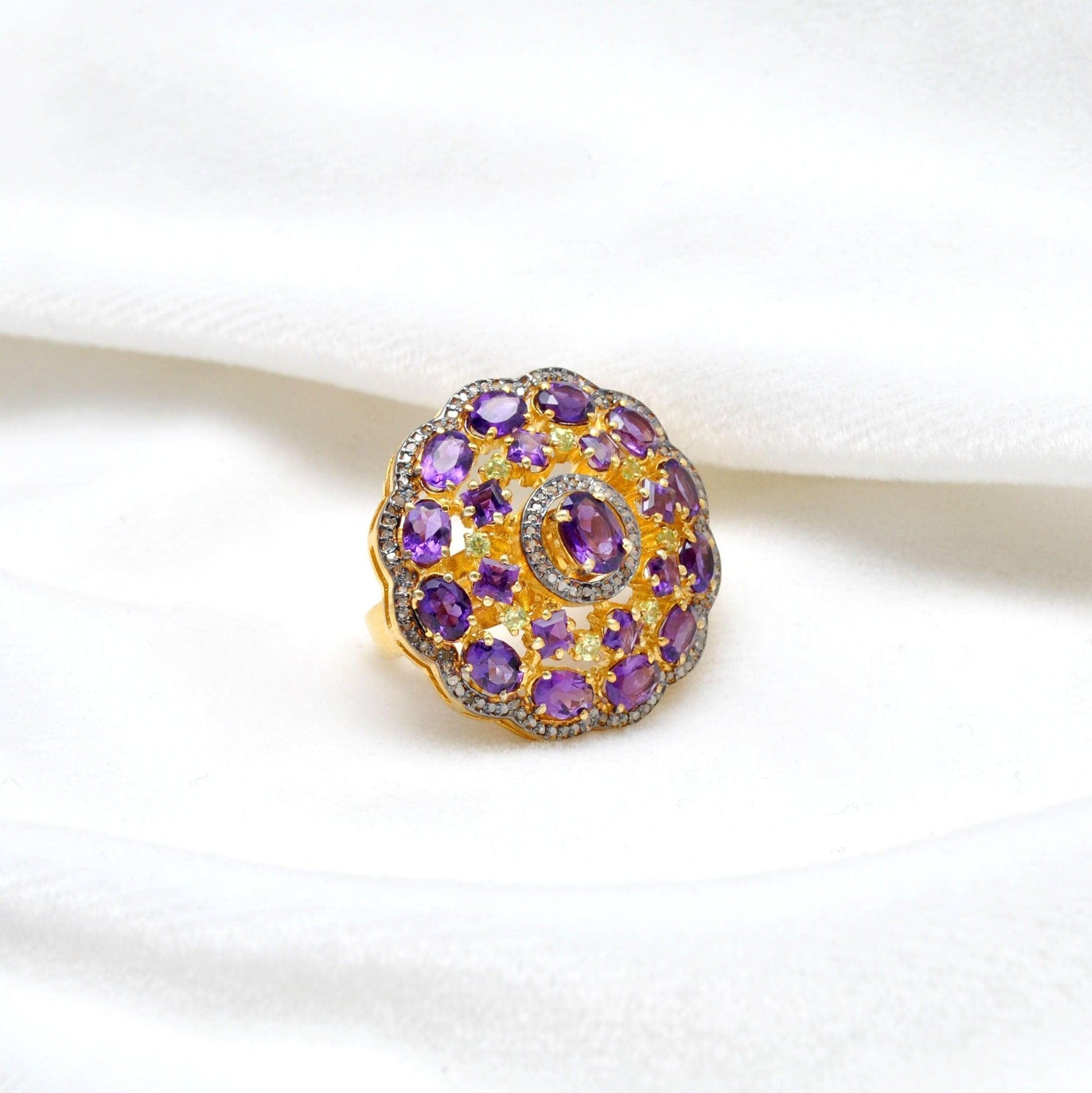 Sterling Silver Gold Plated Amethyst & Diamond Victorian Ring 8 US - Kanika Creations
