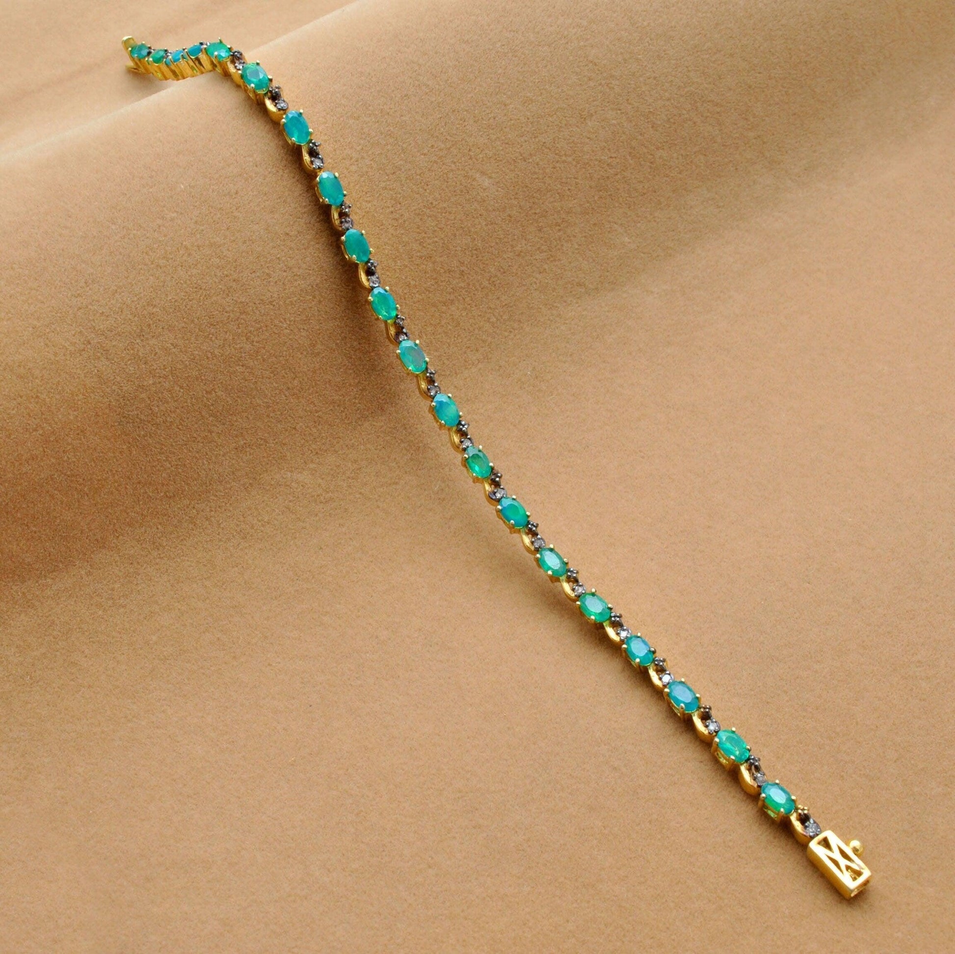 Sterling Silver Pave Diamond & Green Opal Gold Plated Bracelet - Kanika Creations