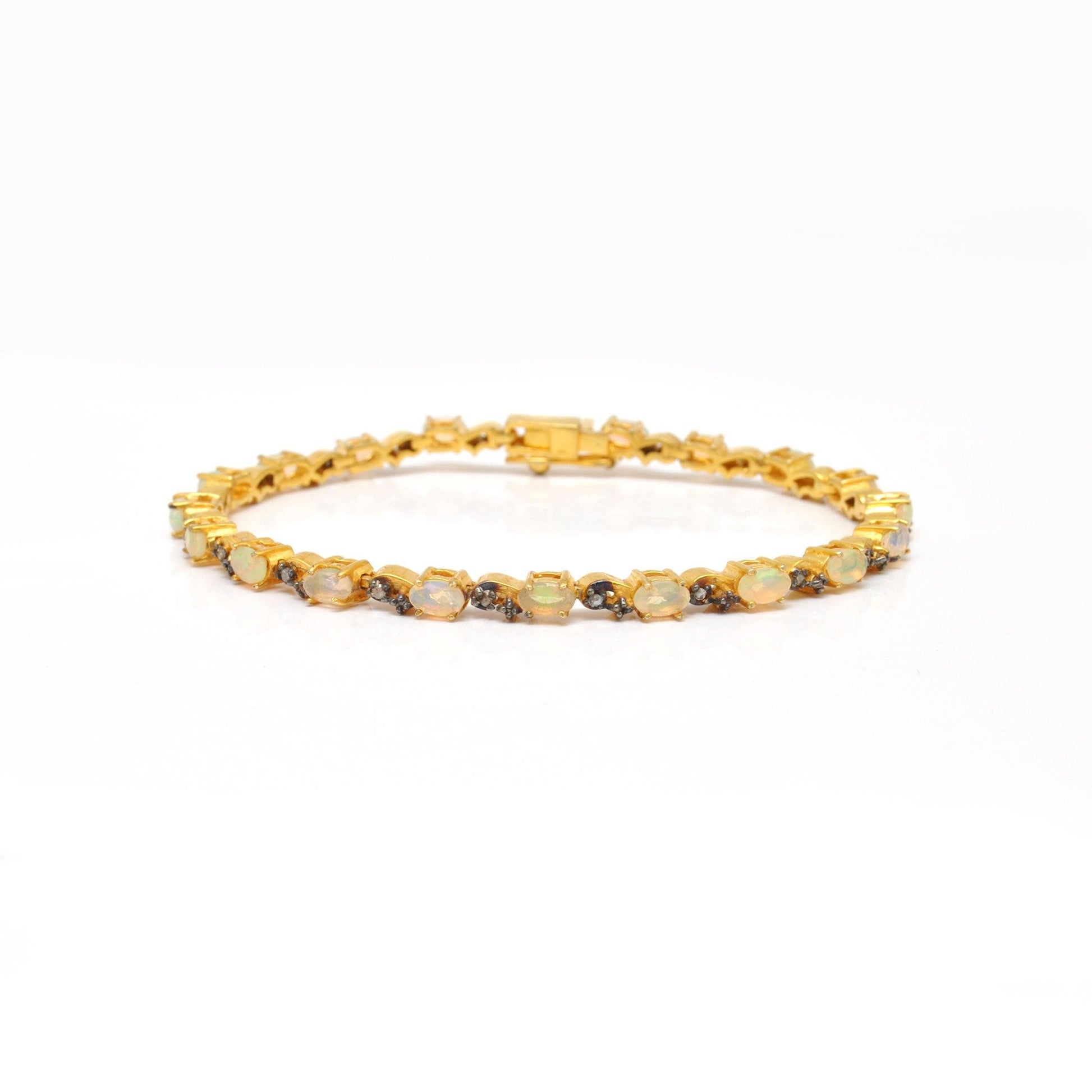 925 Sterling Silver Ethiopian Opal & Pave Diamond Bracelet - Kanika Creations