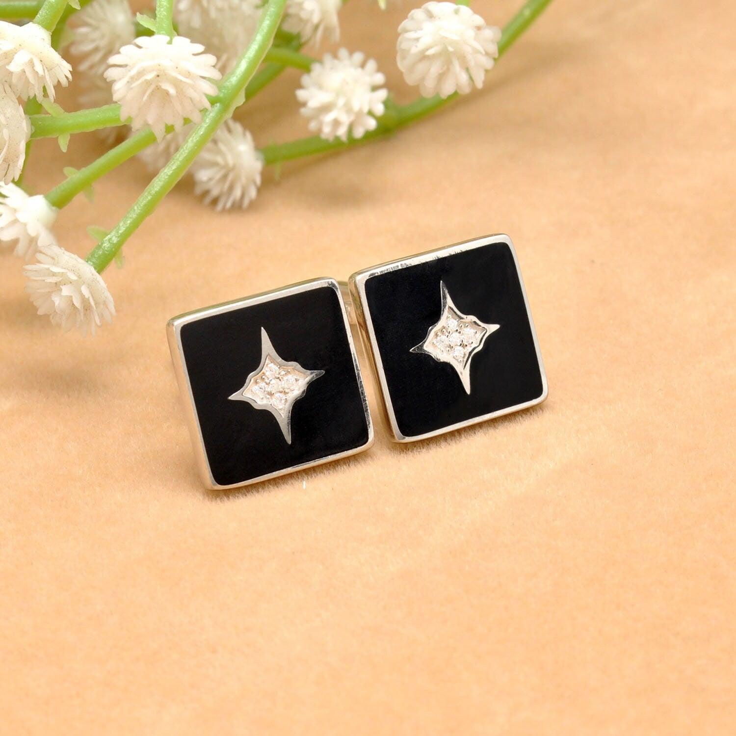 925 Sterling Silver Cubic Zirconia Starburst Black Cufflinks Jewelry - Kanika Creations