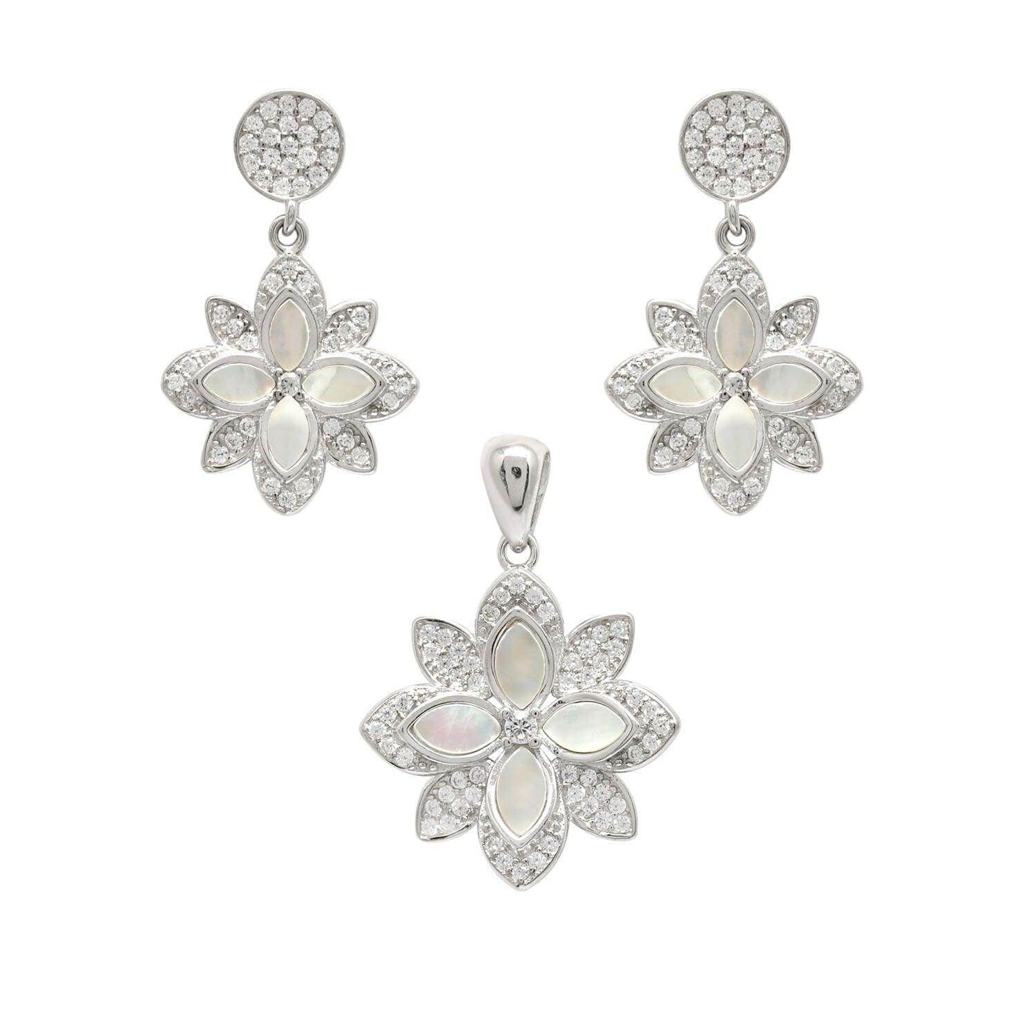 CZ Mother of Pearl Jewelry Set – Elegant Earrings & Pendant - Kanika Creations