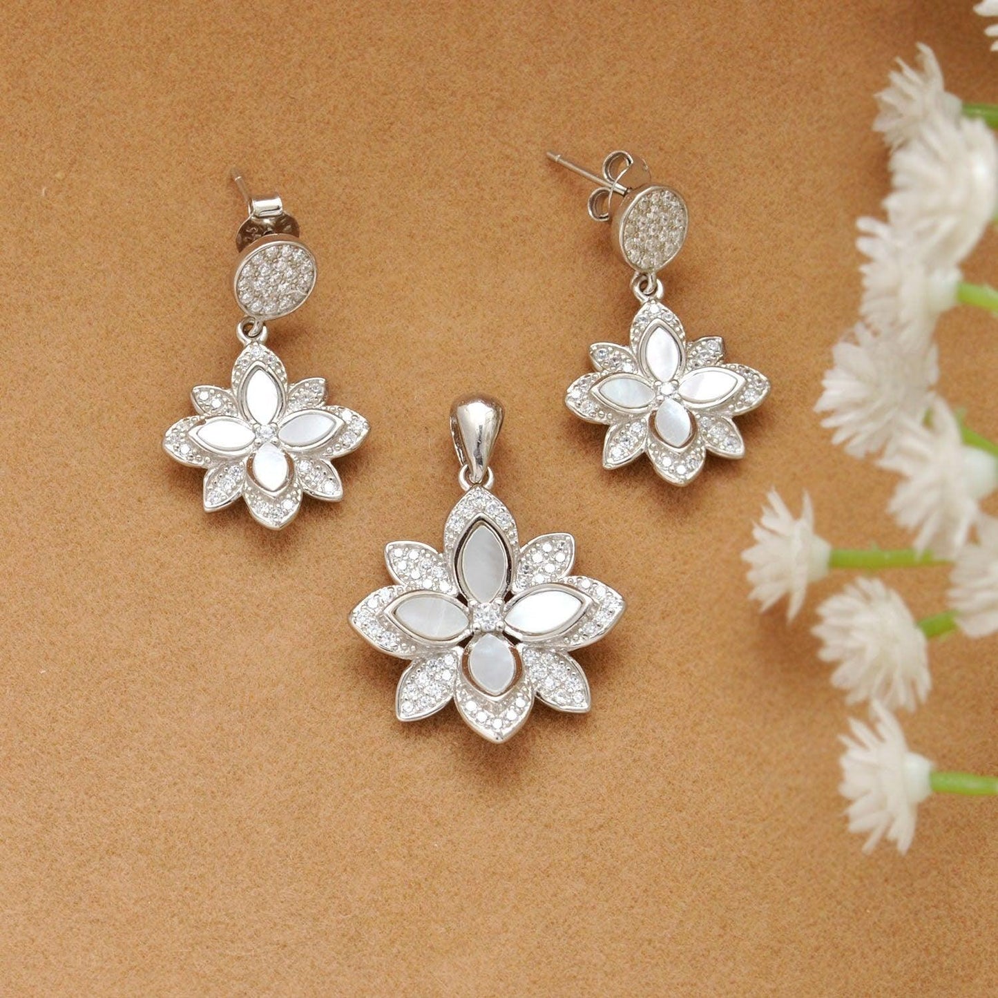 CZ Mother of Pearl Jewelry Set – Elegant Earrings & Pendant - Kanika Creations
