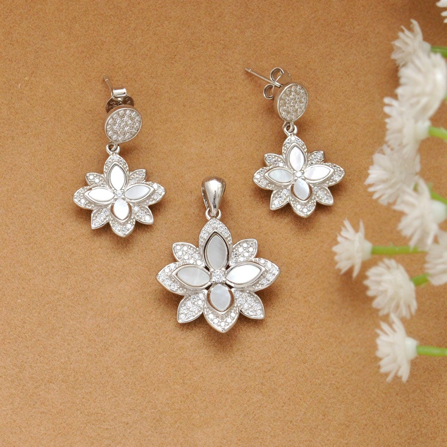 CZ Mother of Pearl Jewelry Set – Elegant Earrings & Pendant - Kanika Creations