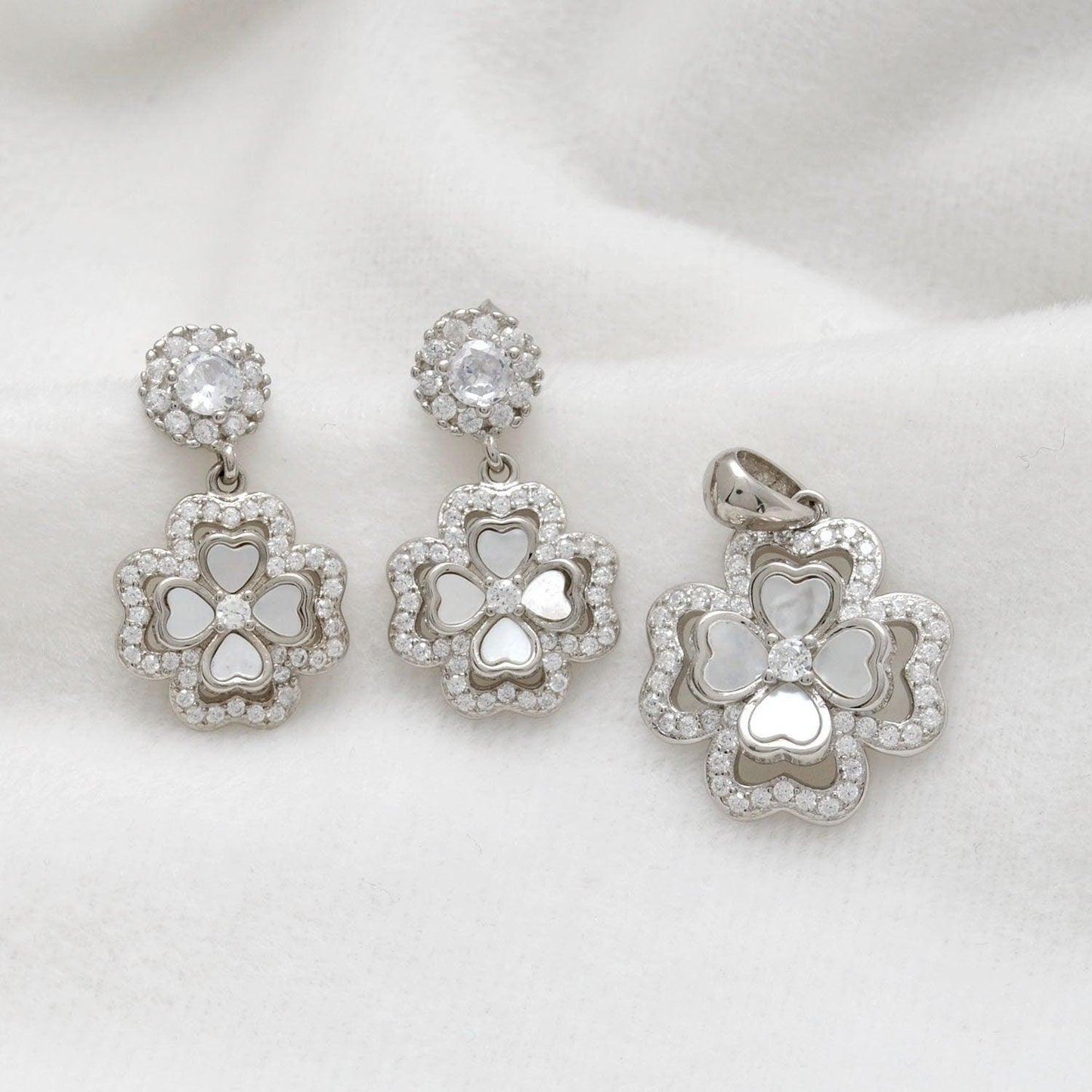 925 Sterling Silver Mother of Pearl & Cubic Zirconia Pendant with Earrings Set - Kanika Creations