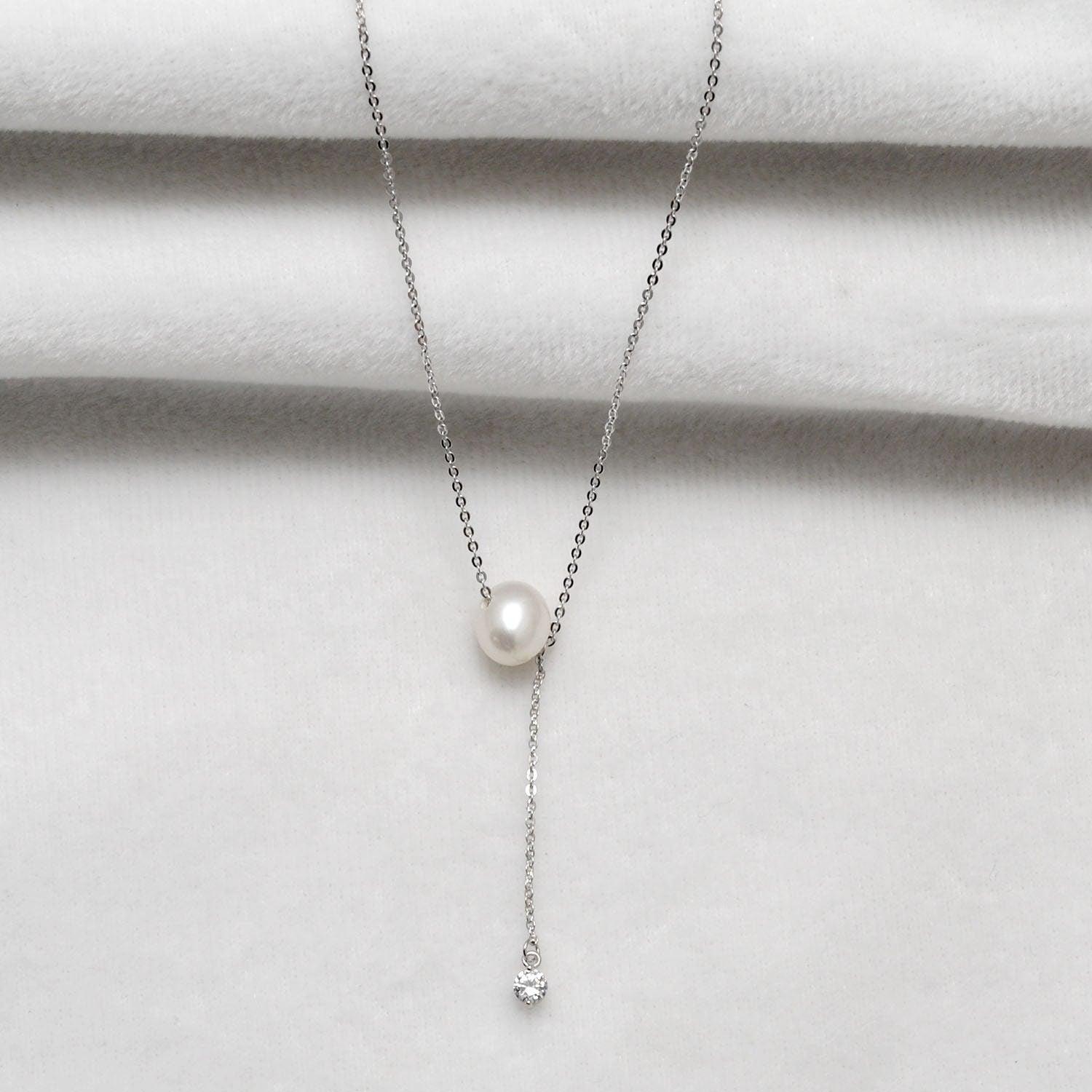 925 Sterling Silver Pearl & Cubic Zircon Lariat Necklace 20" - Kanika Creations