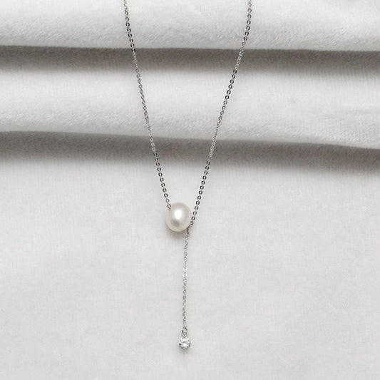 925 Sterling Silver Pearl & Cubic Zircon Lariat Necklace 20" - Kanika Creations