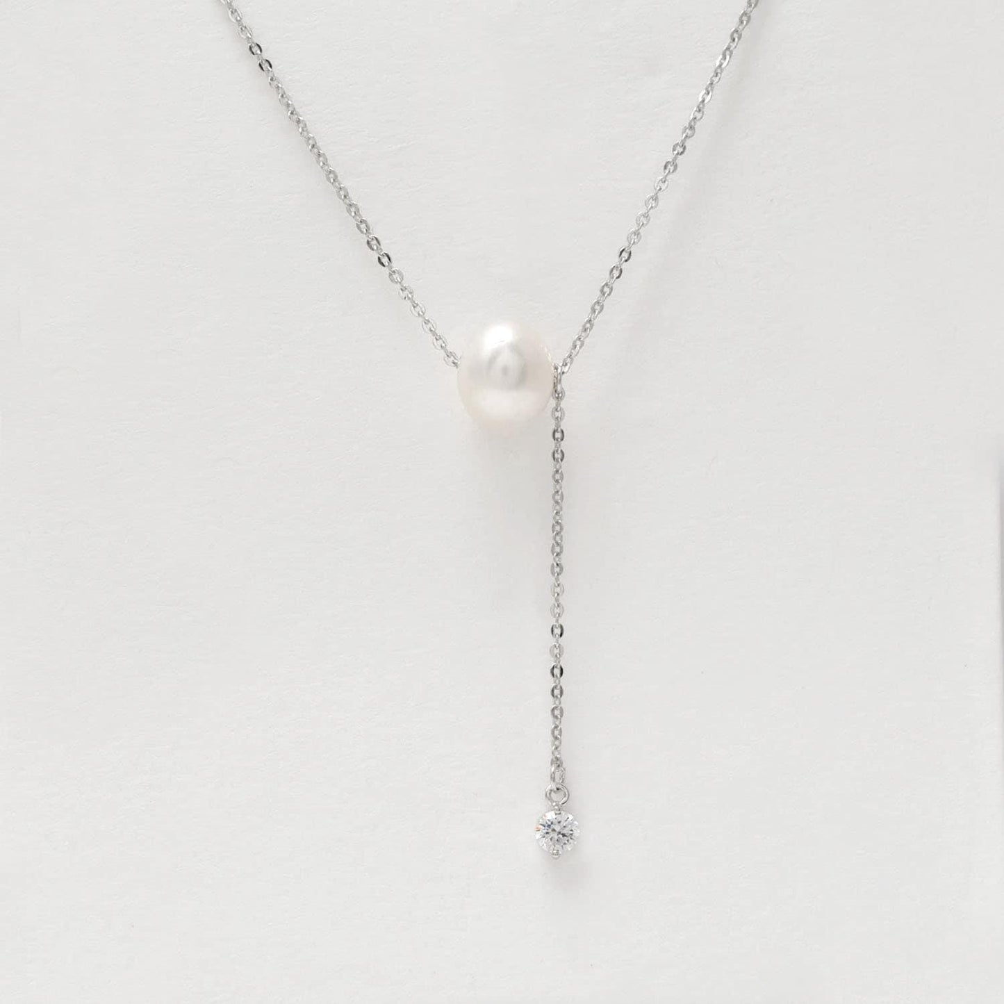 Pearl CZ Lariat Necklace June Birthstone - Kanika Creations