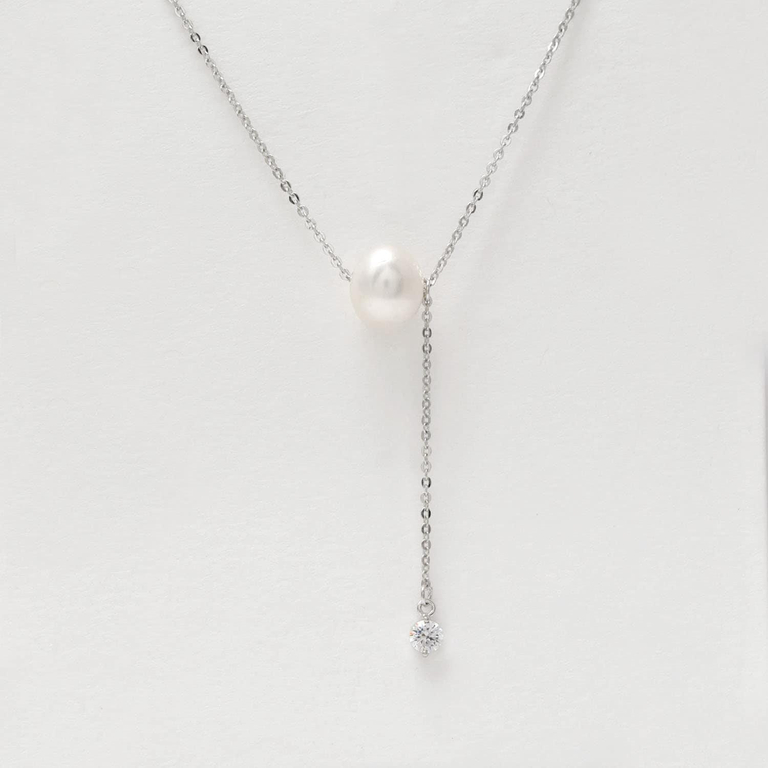 925 Sterling Silver Pearl & Cubic Zircon Lariat Necklace 20" - Kanika Creations