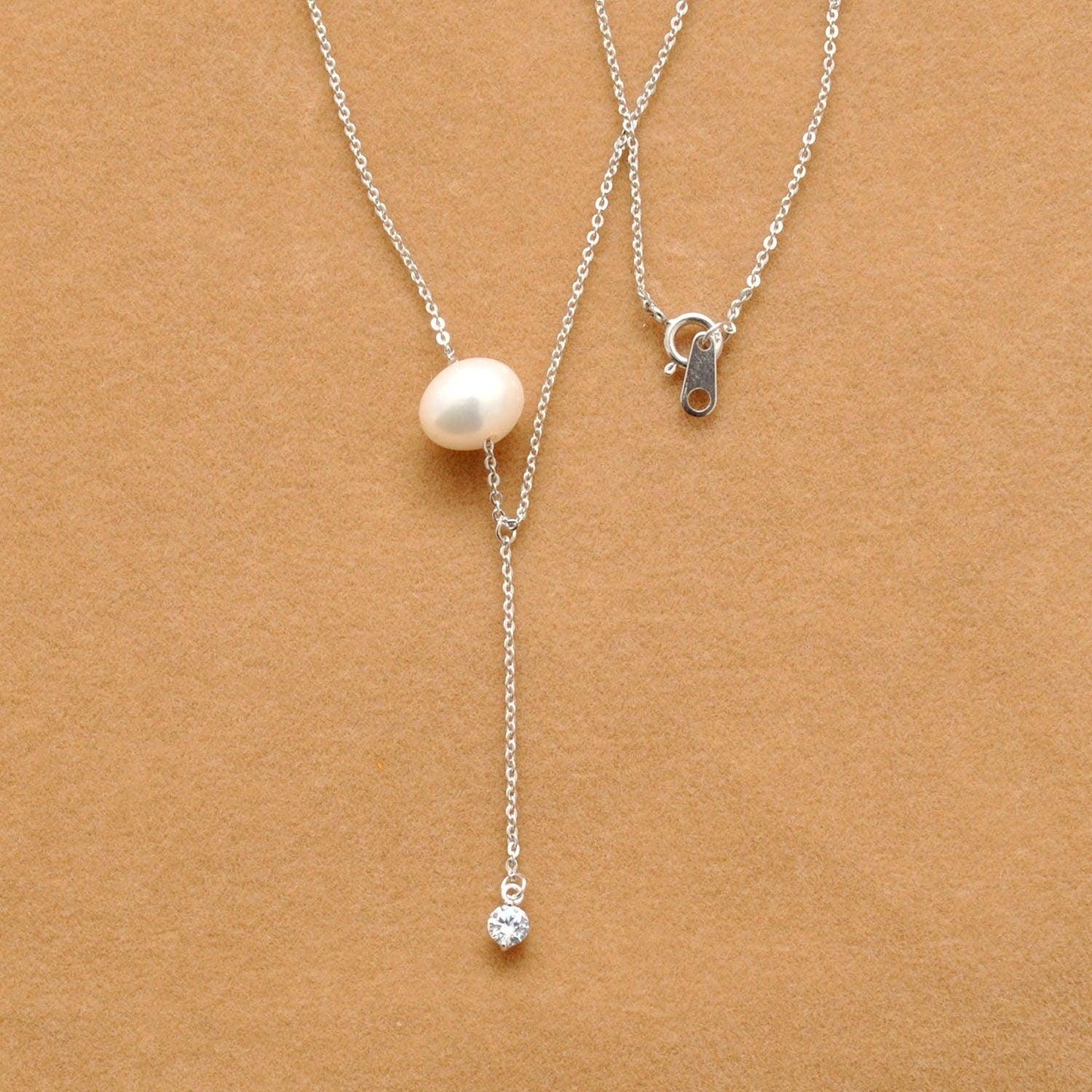 Pearl CZ Lariat Necklace June Birthstone - Kanika Creations