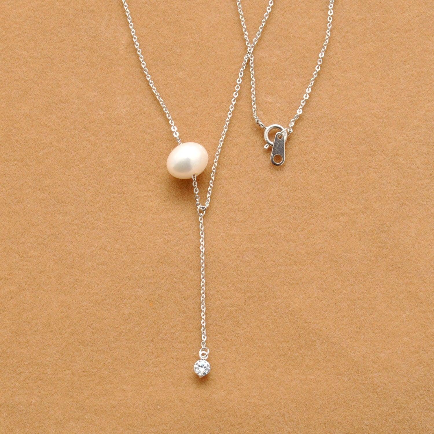 925 Sterling Silver Pearl & Cubic Zircon Lariat Necklace 20" - Kanika Creations