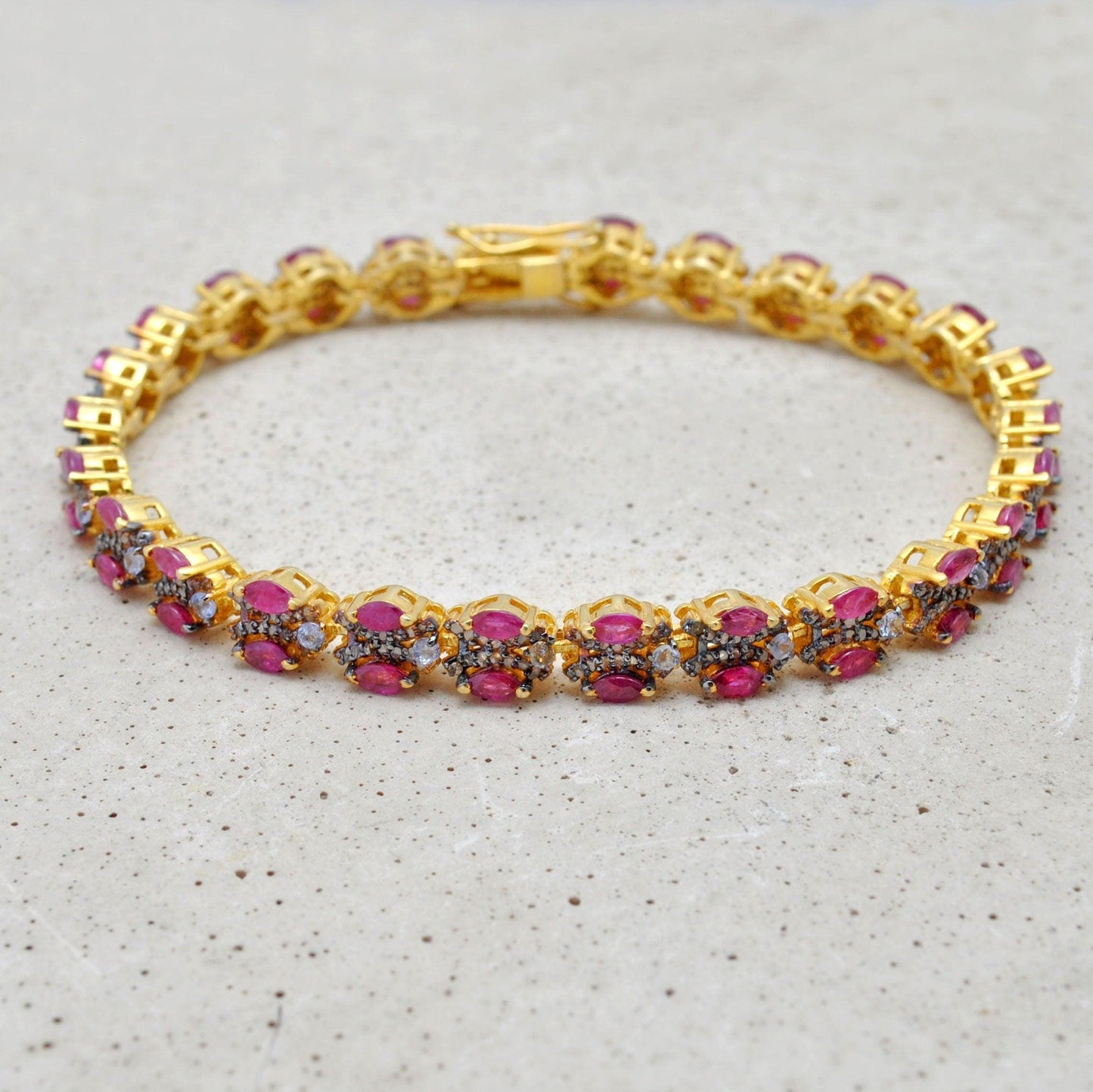 925 Sterling Silver Pave Diamond & Ruby 18k Gold Plated Bracelet - Kanika Creations