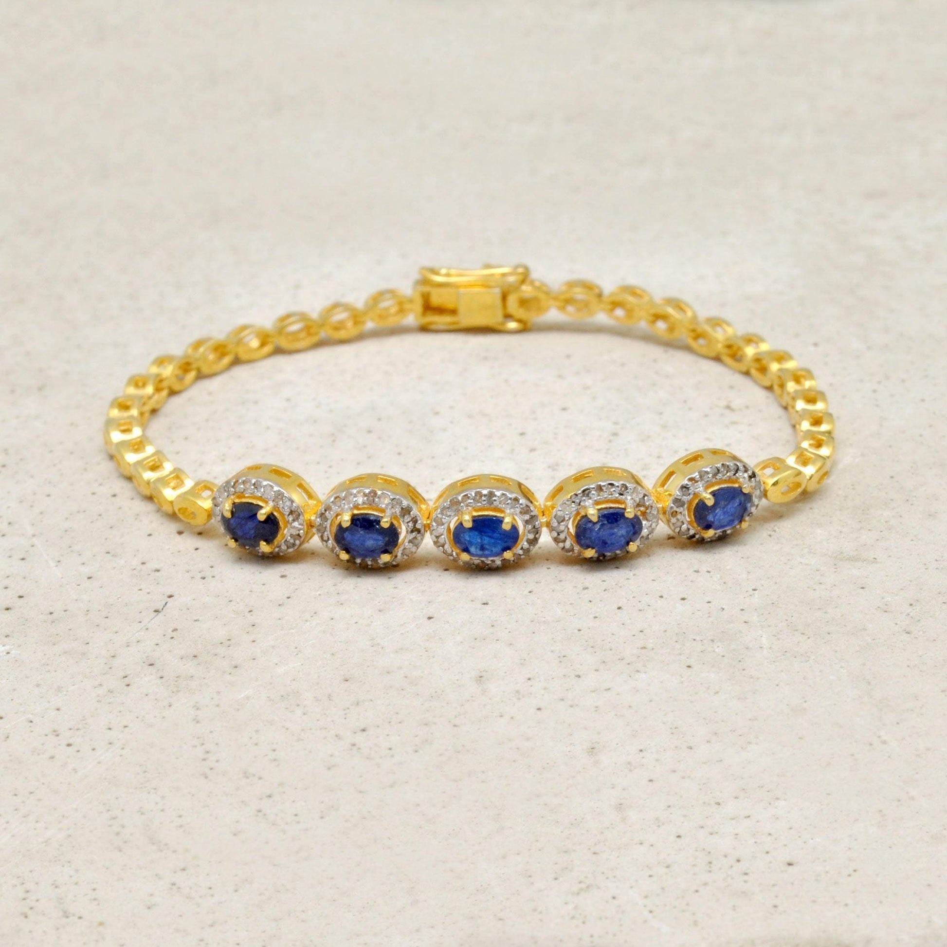 925 Sterling Silver Pave Diamond & Blue Sapphire Gold Plated Bracelet - Kanika Creations