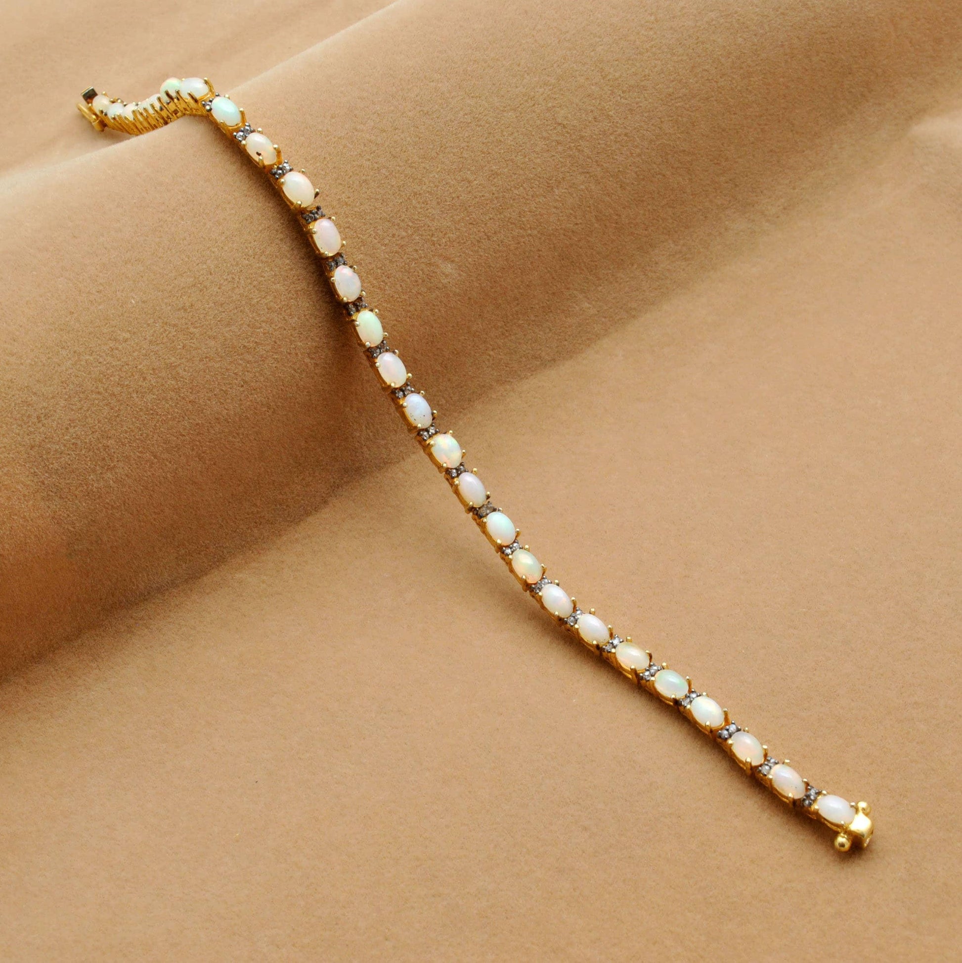 Sterling Silver Natural Fire Opal & Pave Diamond Gold Plated Bracelet - Kanika Creations