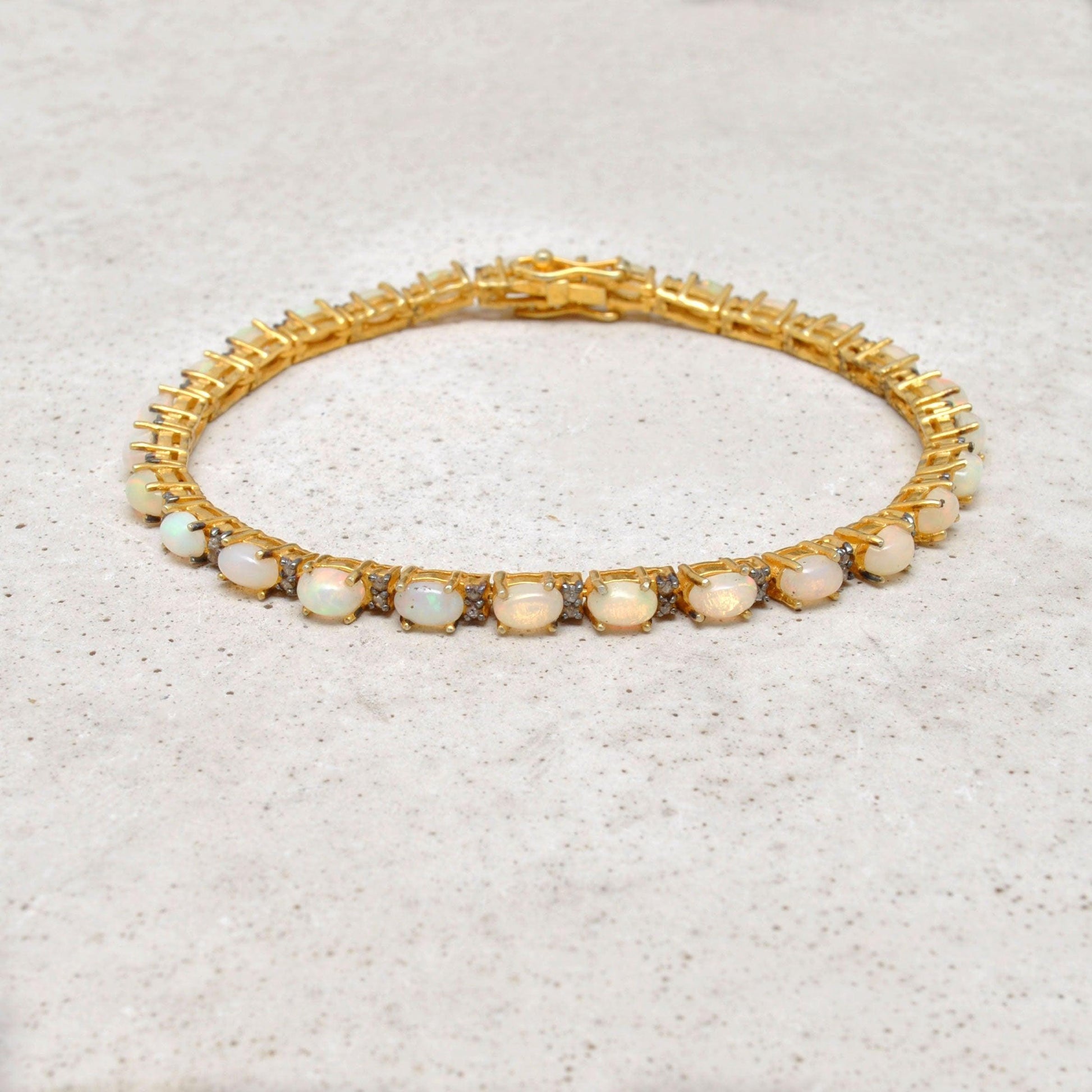Sterling Silver Natural Fire Opal & Pave Diamond Gold Plated Bracelet - Kanika Creations
