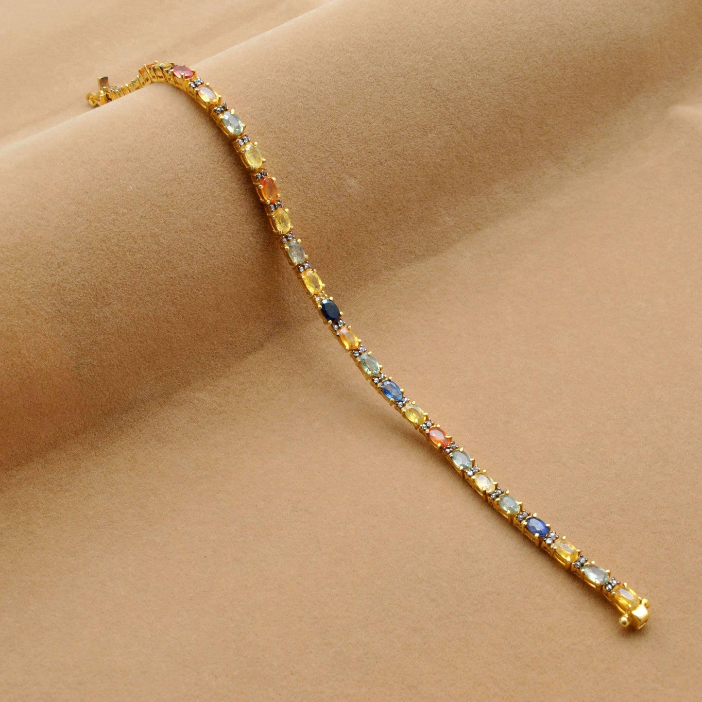 Multi Sapphire Tennis Silver Bracelet Gold Plated Jewelry - Kanika Creations