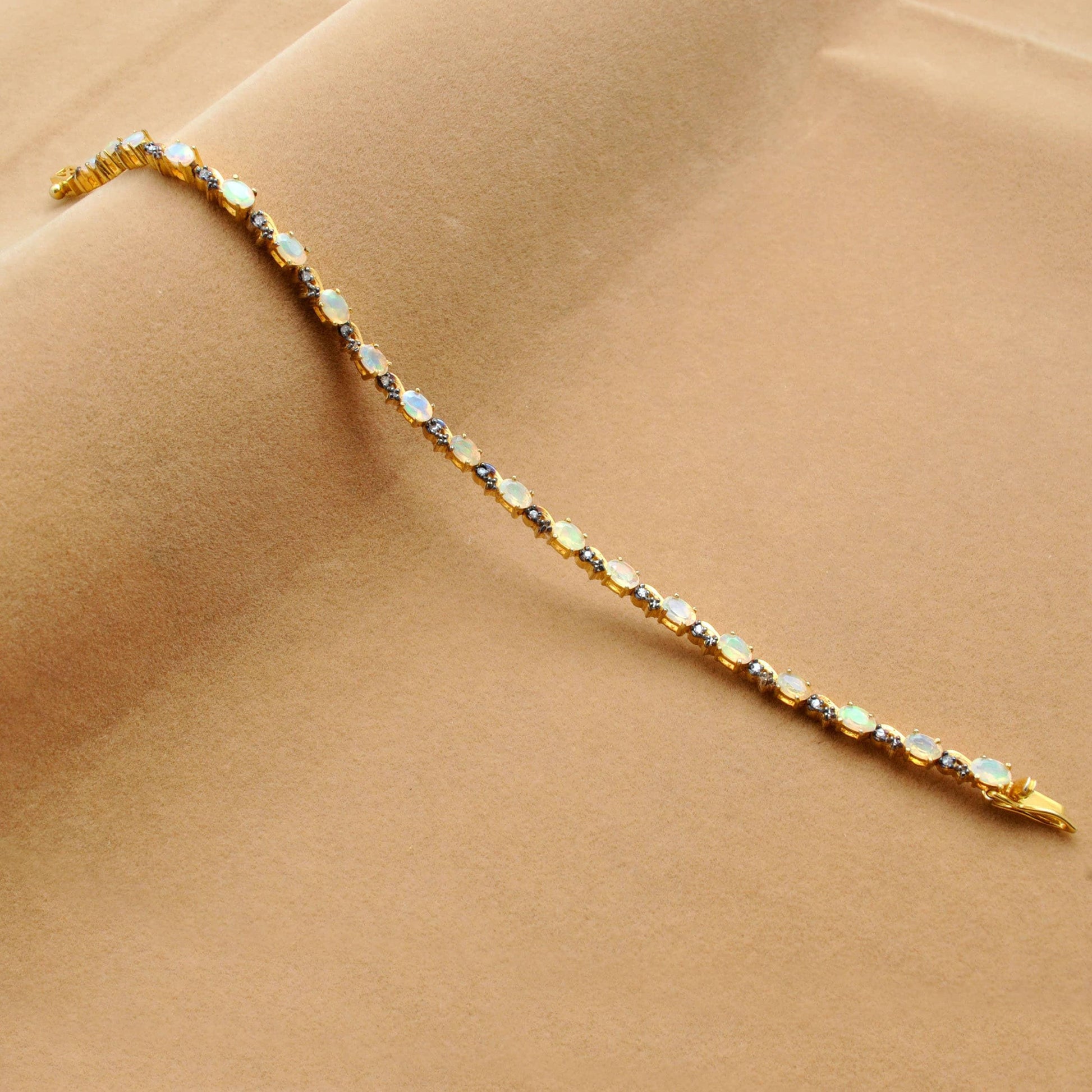925 Sterling Silver Ethiopian Opal & Pave Diamond Bracelet - Kanika Creations