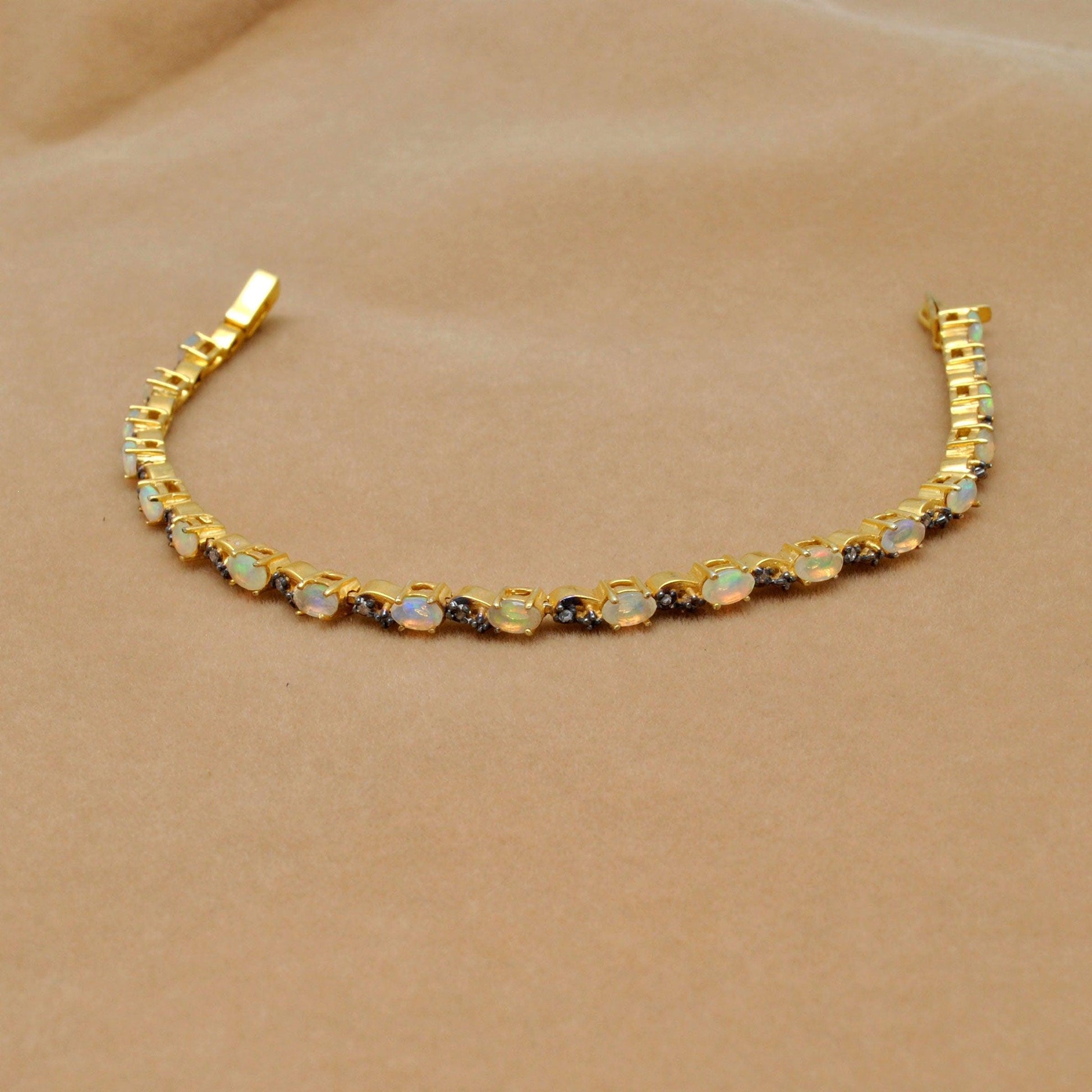 925 Sterling Silver Ethiopian Opal & Pave Diamond Bracelet - Kanika Creations