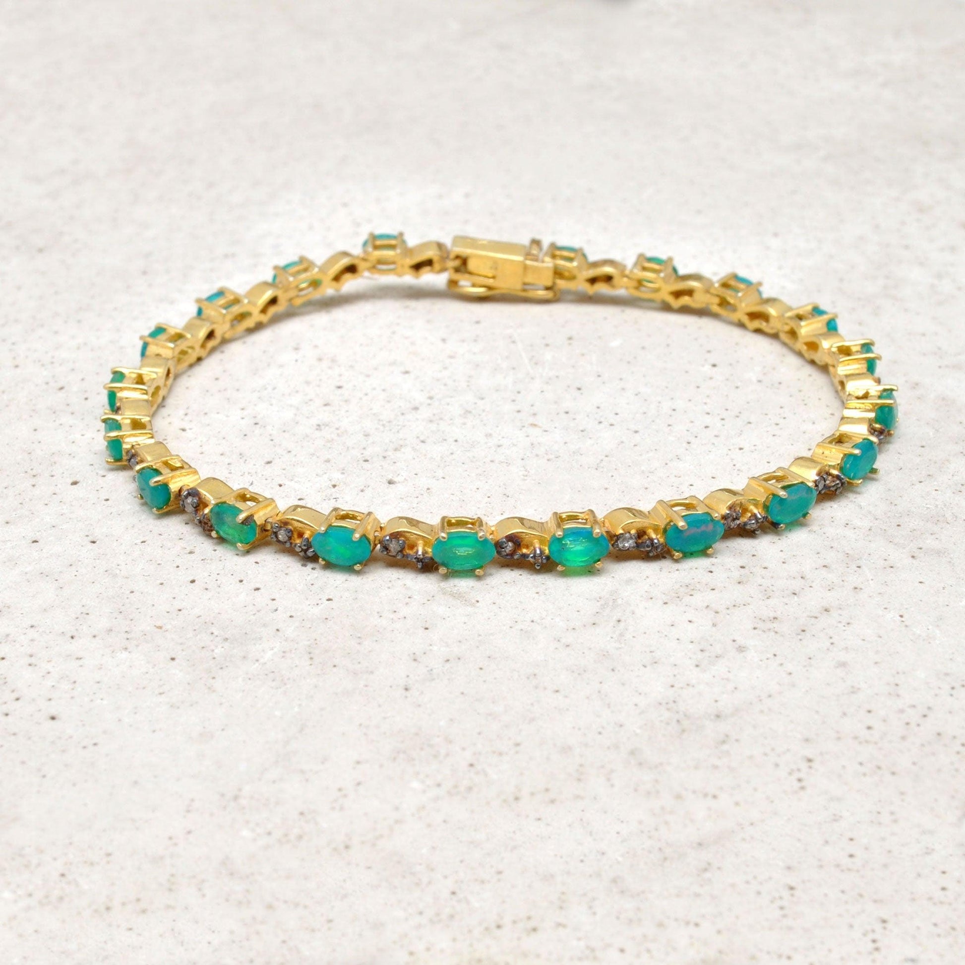 Sterling Silver Pave Diamond & Green Opal Gold Plated Bracelet - Kanika Creations